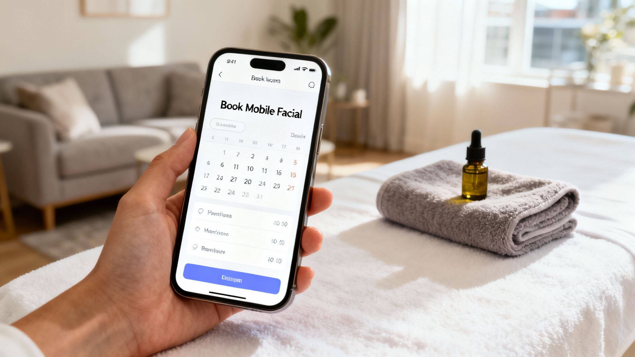 A serene booking interface for a mobile massage service