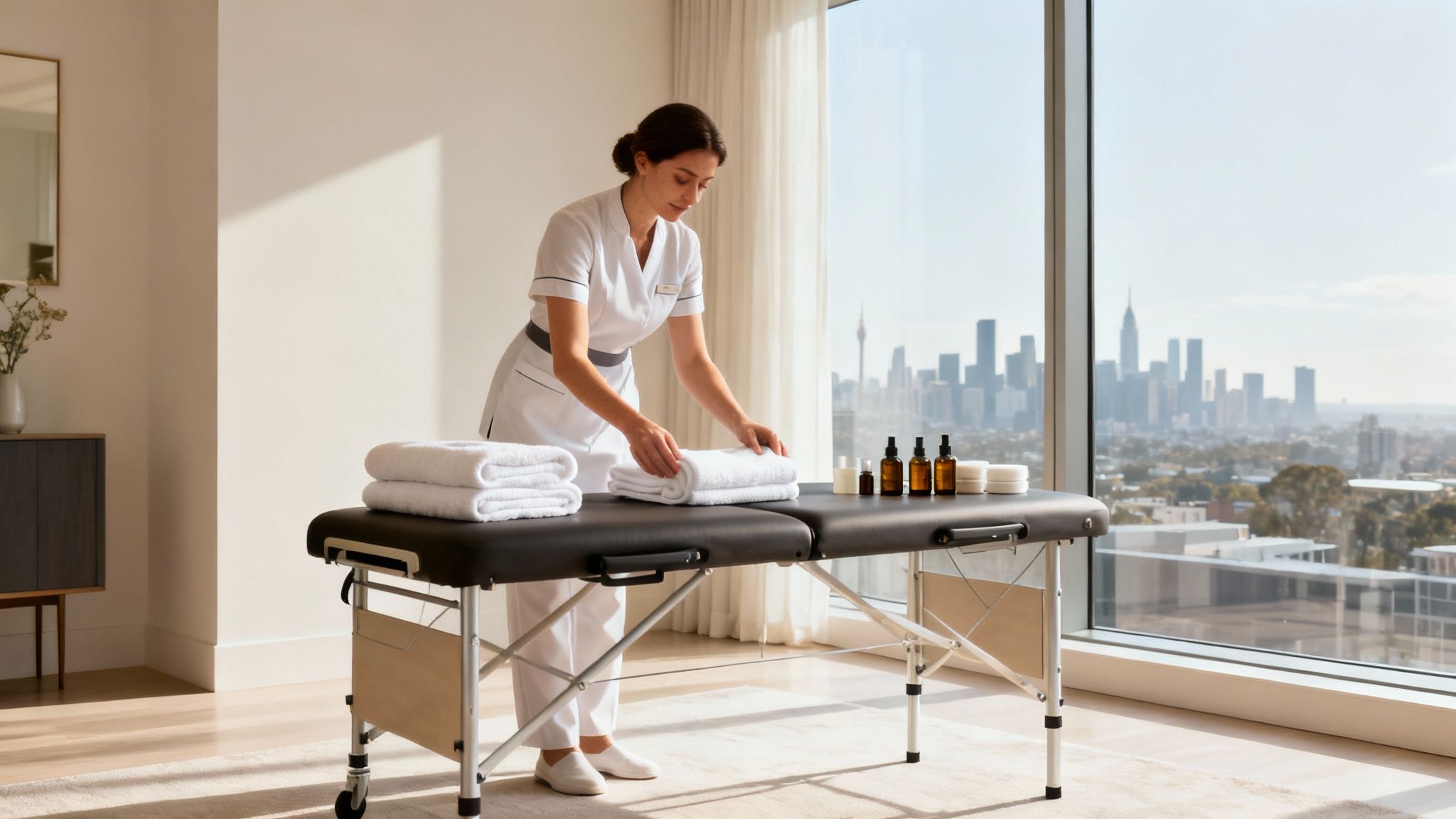 A woman receiving a relaxing facial massage in a serene setting