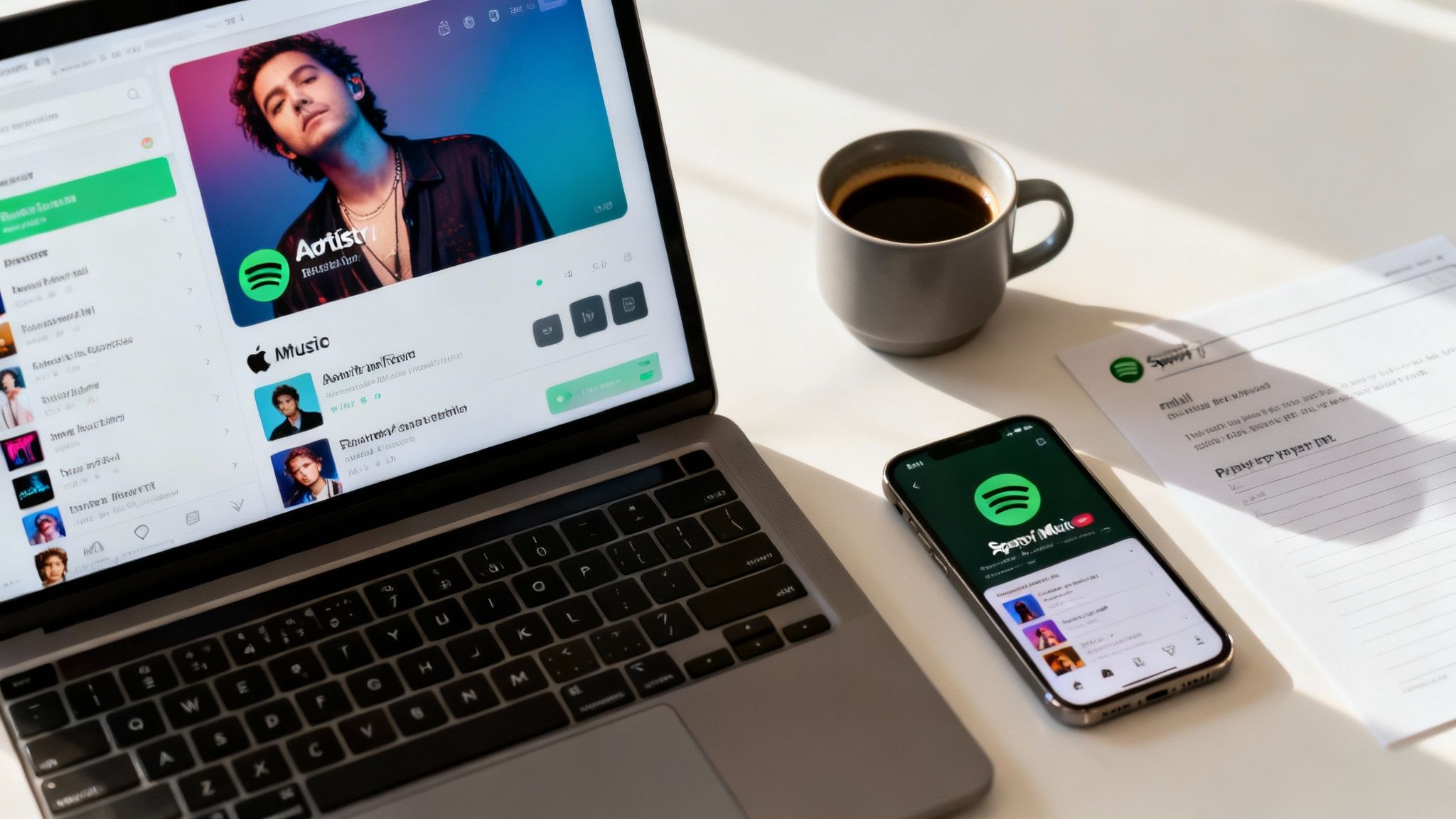 A laptop and smartphone displaying Spotify music apps, accompanied by a coffee cup and paper on a white desk.