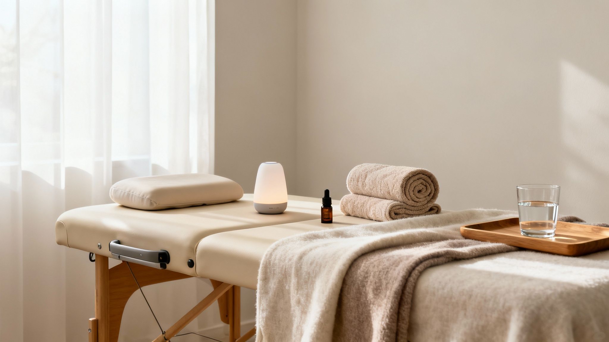 A tranquil spa room with a massage table, aroma diffuser, essential oils, towels, and water.