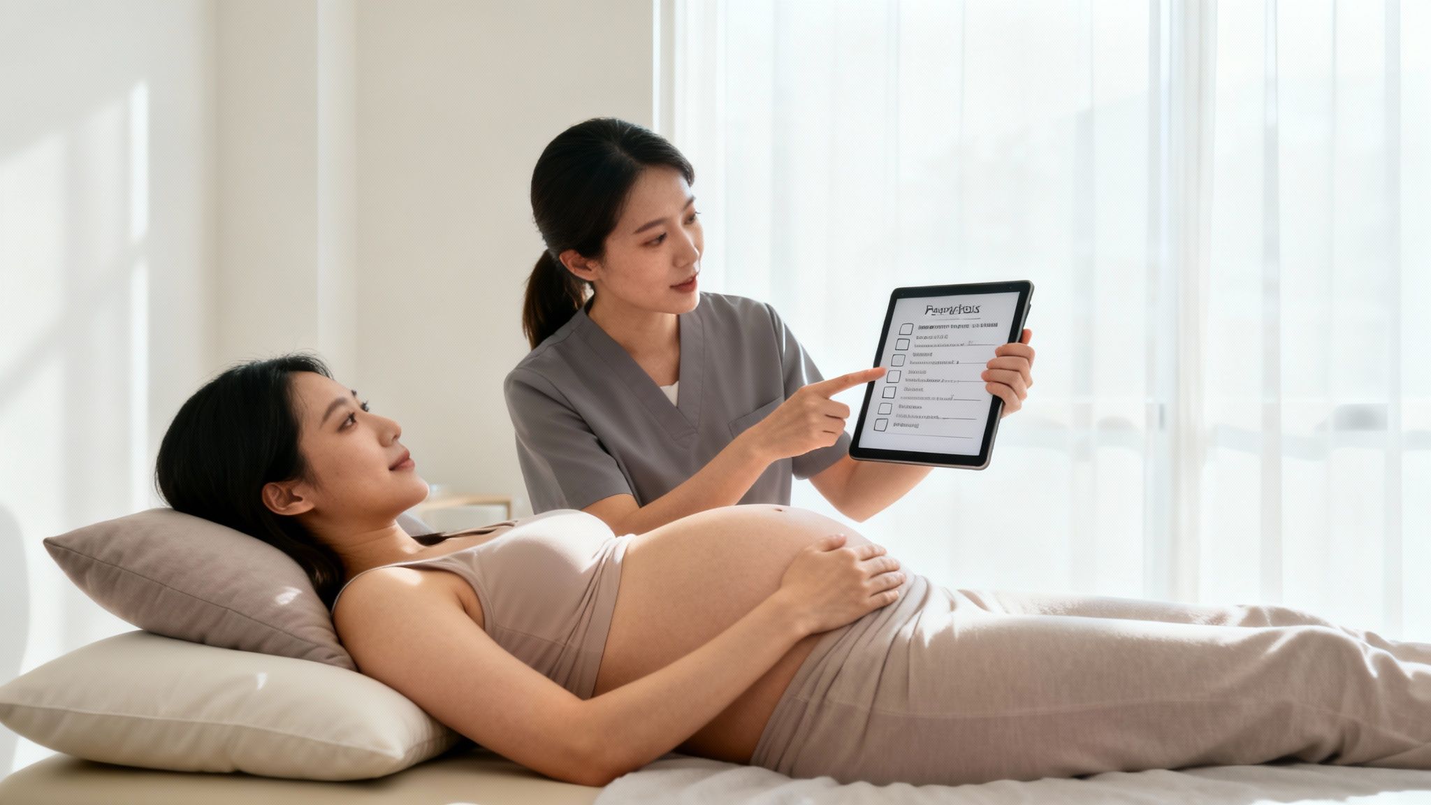A pregnant woman lies on a bed while a nurse shows her a checklist on a tablet.