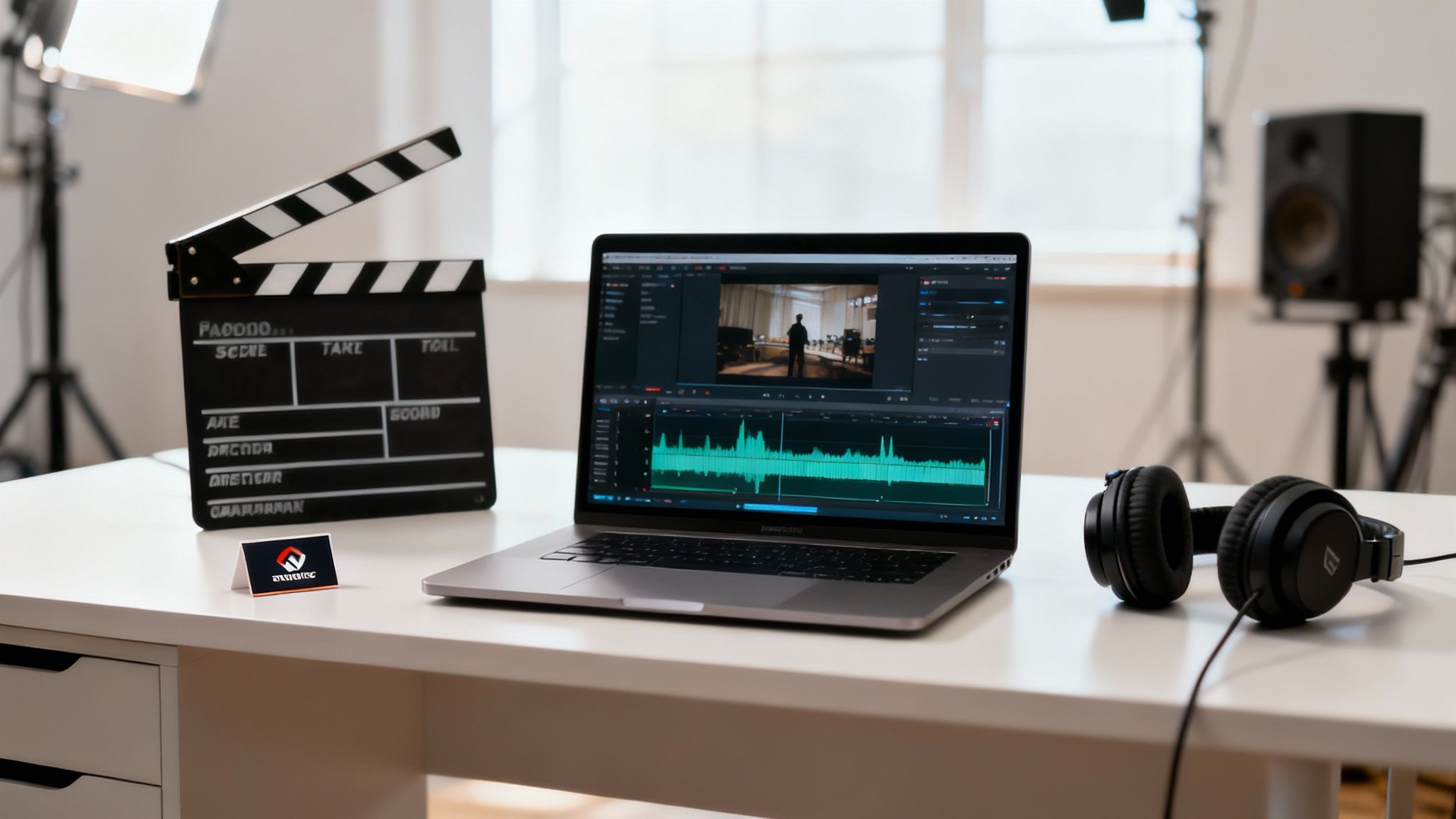 Laptop displaying video editing software with audio waveform, clapperboard, and headphones on desk