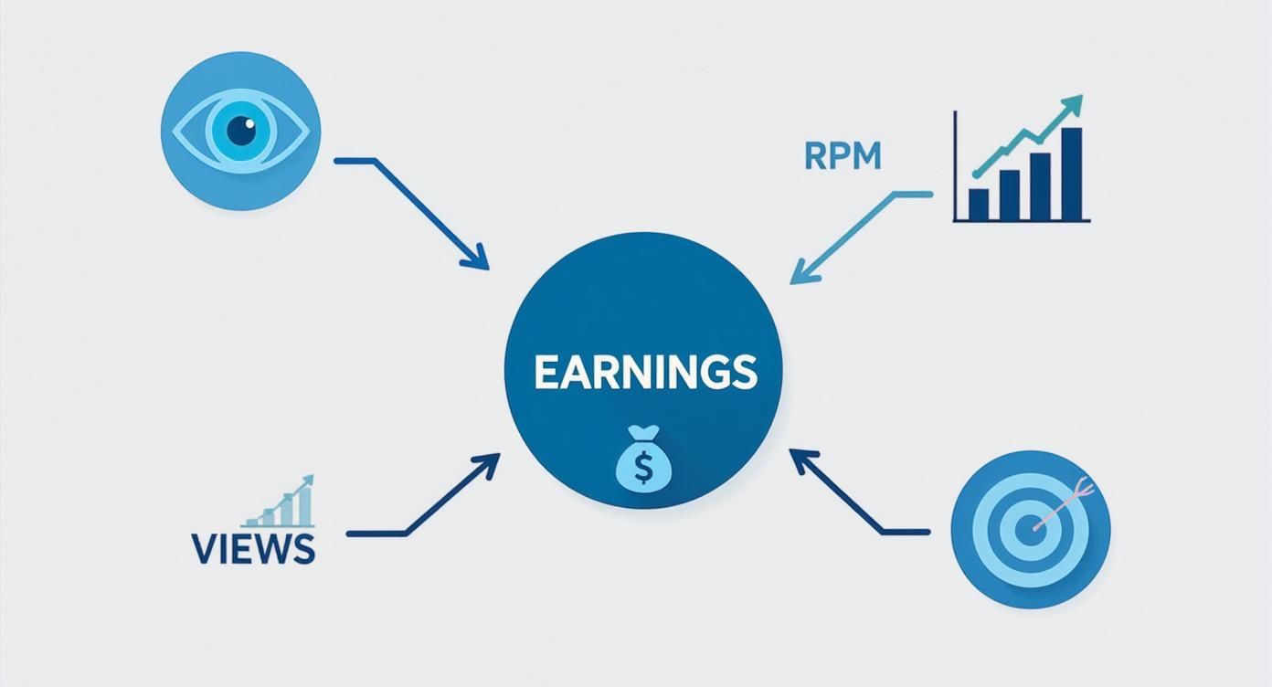 A diagram illustrating 'EARNINGS' as a central concept influenced by 'VIEWS', 'RPM', views/impressions, and monetization targets.
