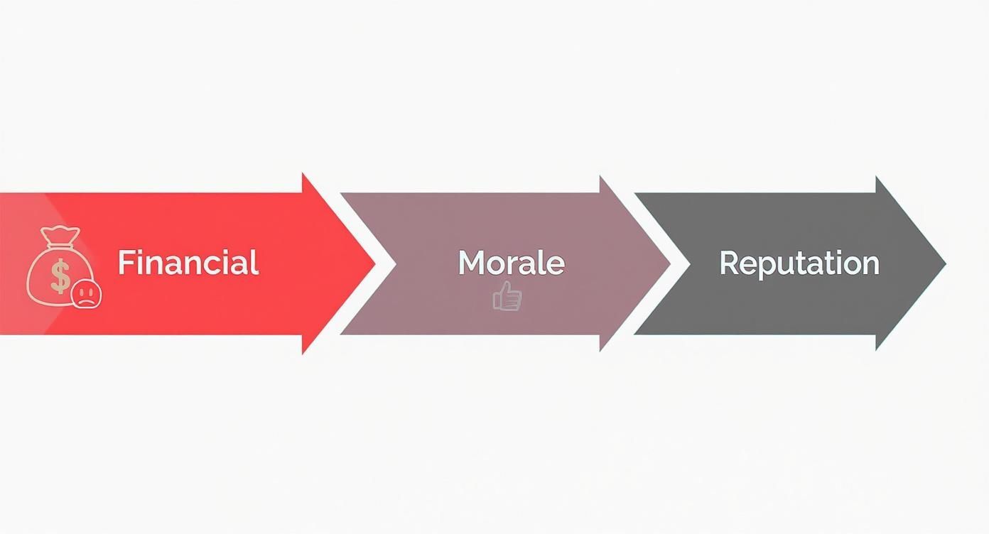 Three arrow diagram showing progression from financial problems through morale to reputation damage