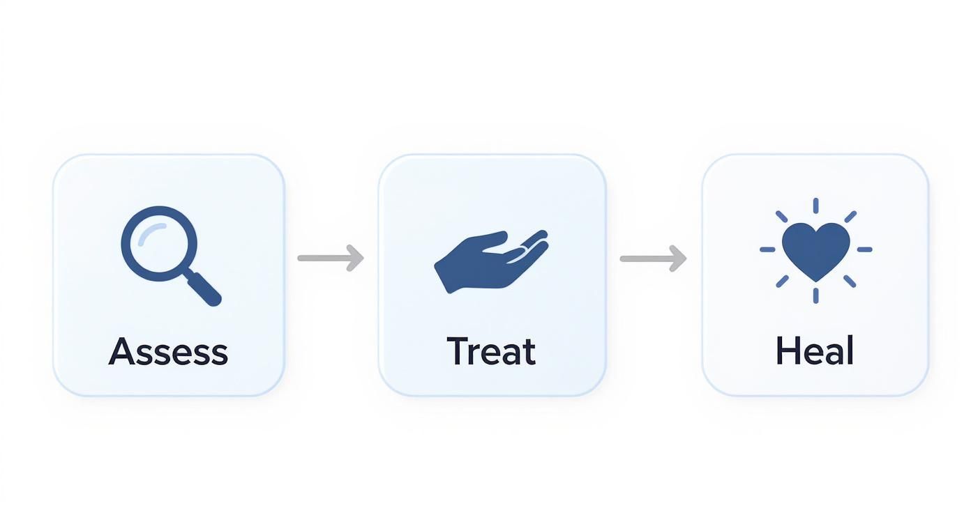 Three-step remedial massage therapy process: assess with magnifying glass, treat with hands, heal with heart symbol