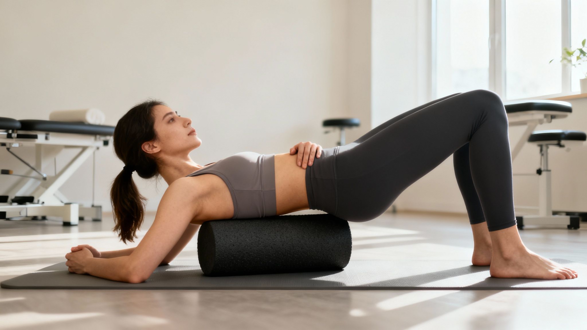 A woman on a yoga mat using a black foam roller for back pain relief and stretching.