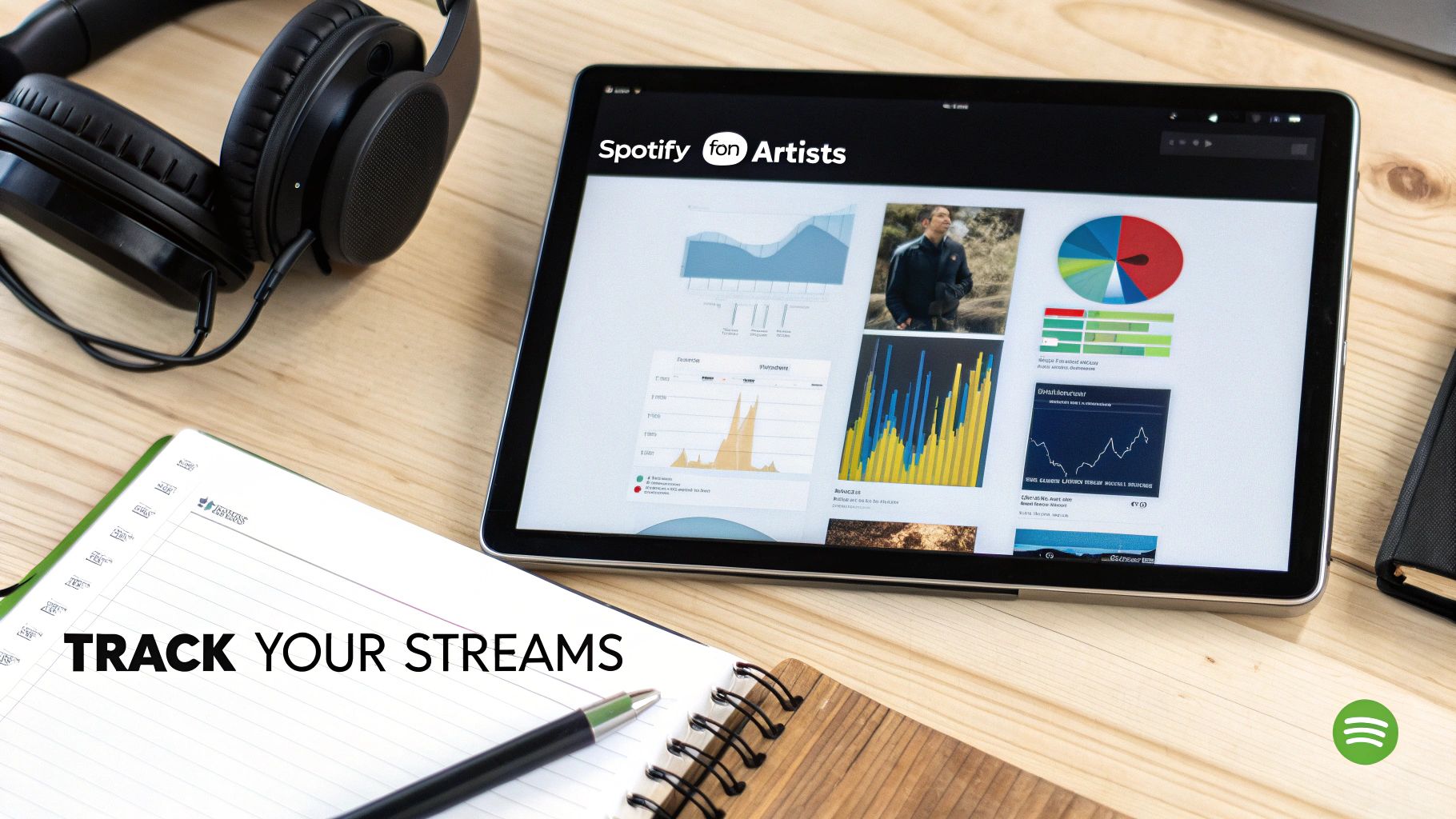A musician analyzing charts and graphs on a laptop screen, representing Spotify for Artists analytics.
