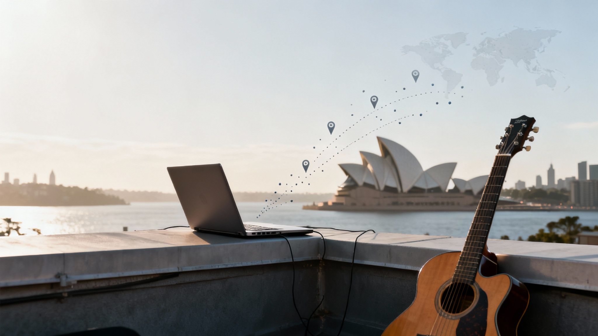 Laptop and acoustic guitar on a rooftop overlooking Sydney Opera House with global music network graphics.