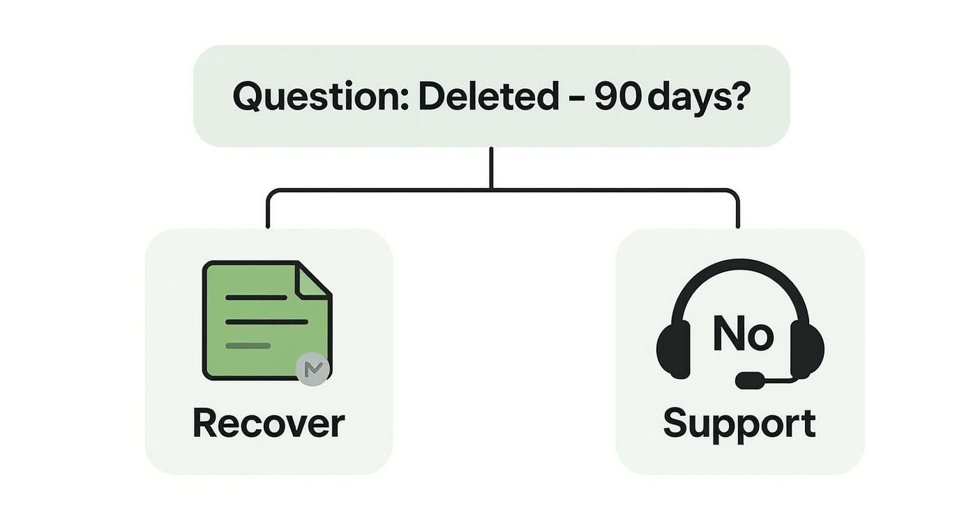 Infographic showing a decision tree for Spotify playlist recovery. It asks if the playlist was deleted less than 90 days ago. If yes, it points to the official recovery feature. If no, it points to contacting Spotify Support.