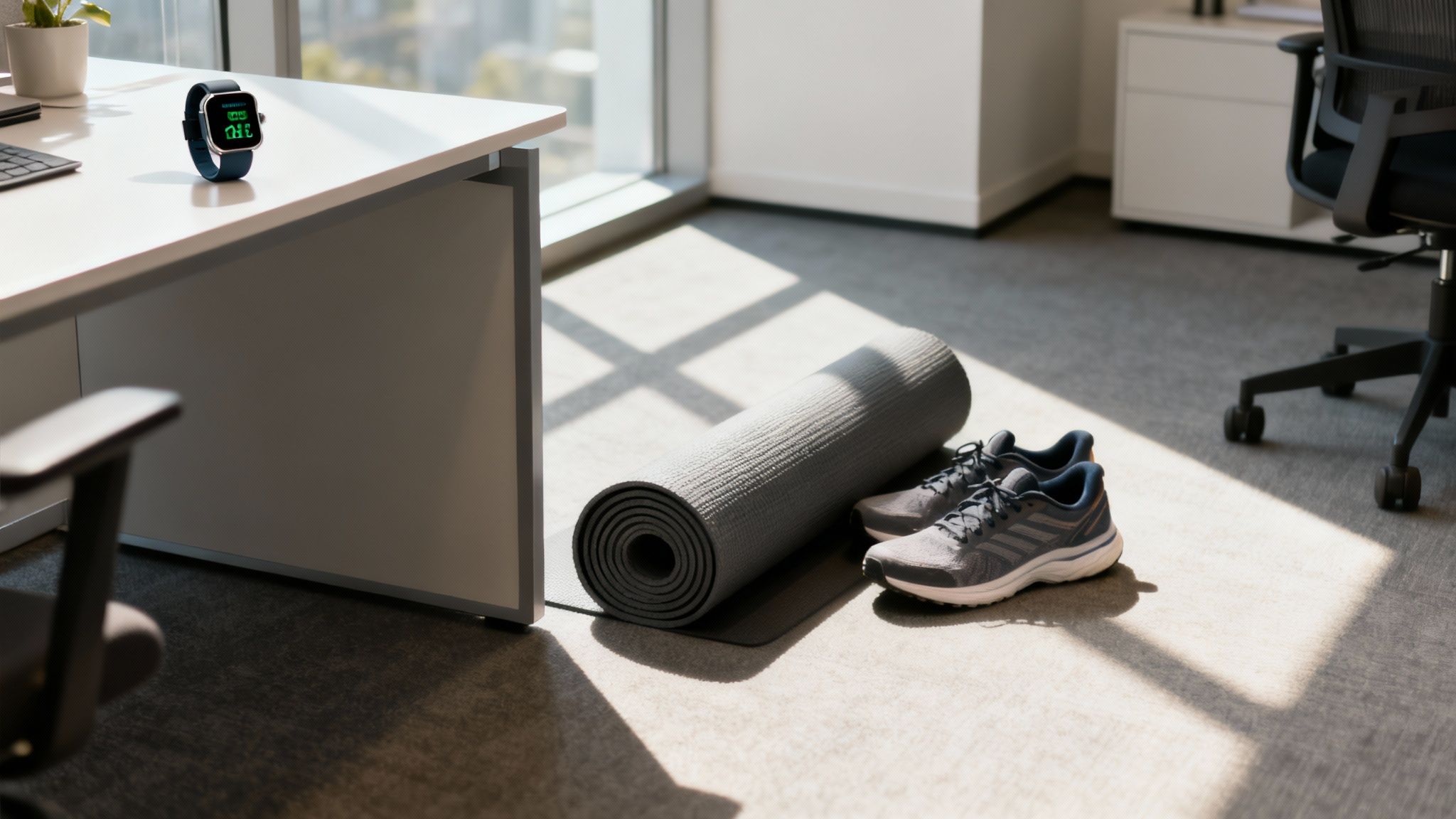 Office workspace with yoga mat, running shoes, and smartwatch promoting fitness and wellness
