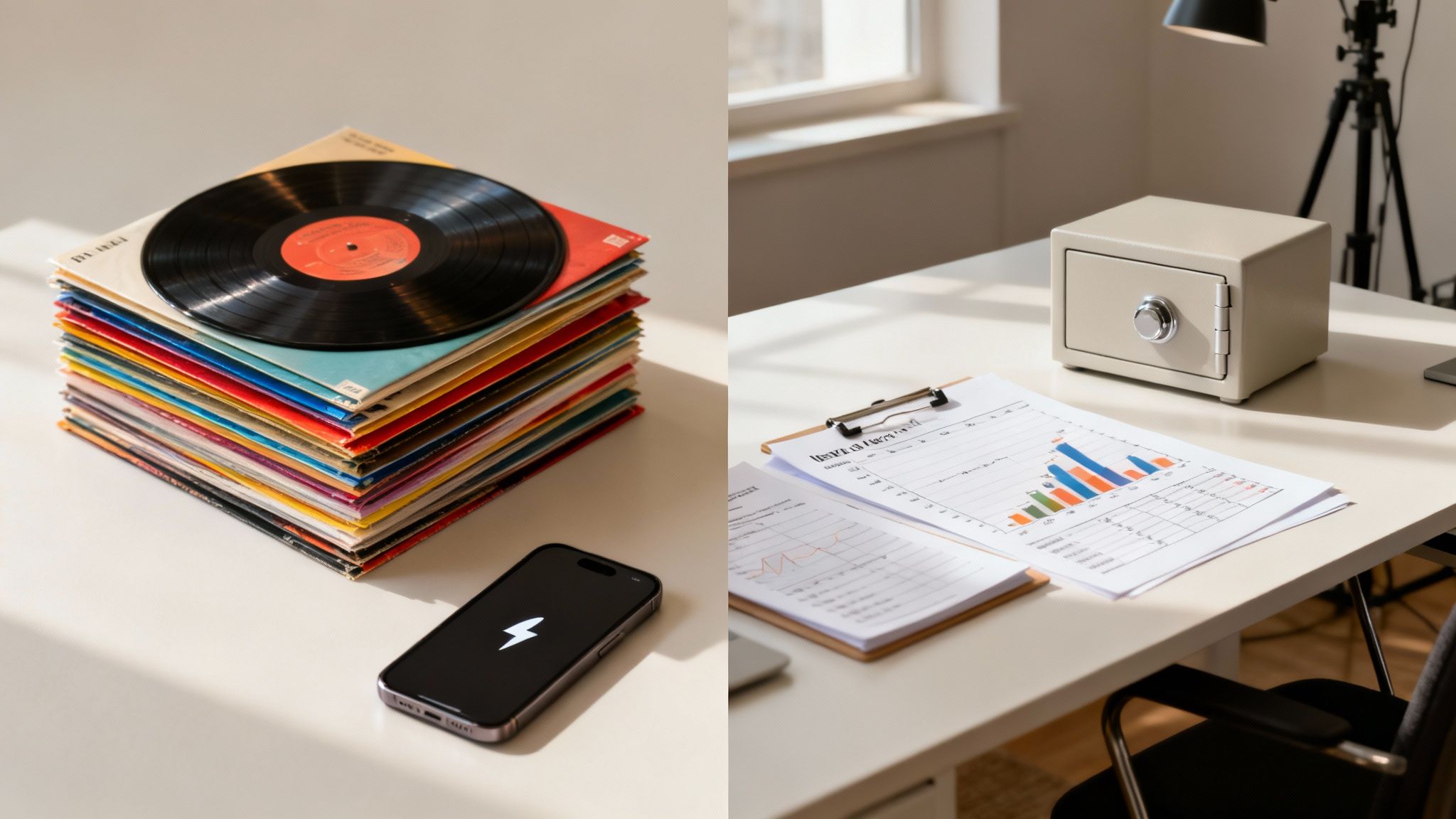 Split image of vinyl records, a charging smartphone, and an office desk with a safe and documents.