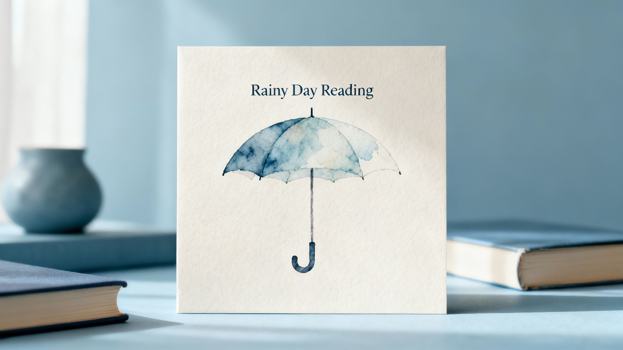 A "Rainy Day Reading" card with a blue watercolor umbrella, surrounded by books and a vase.