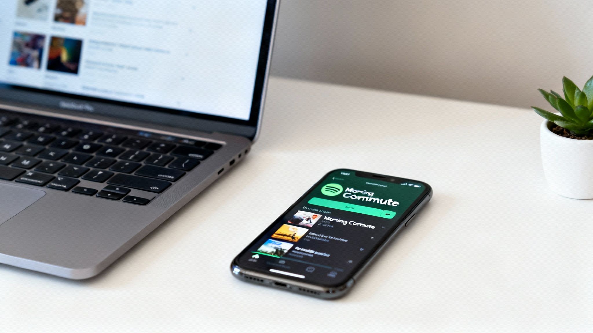 A black smartphone running Spotify's 'Morning Commute' playlist next to a laptop on a white desk.