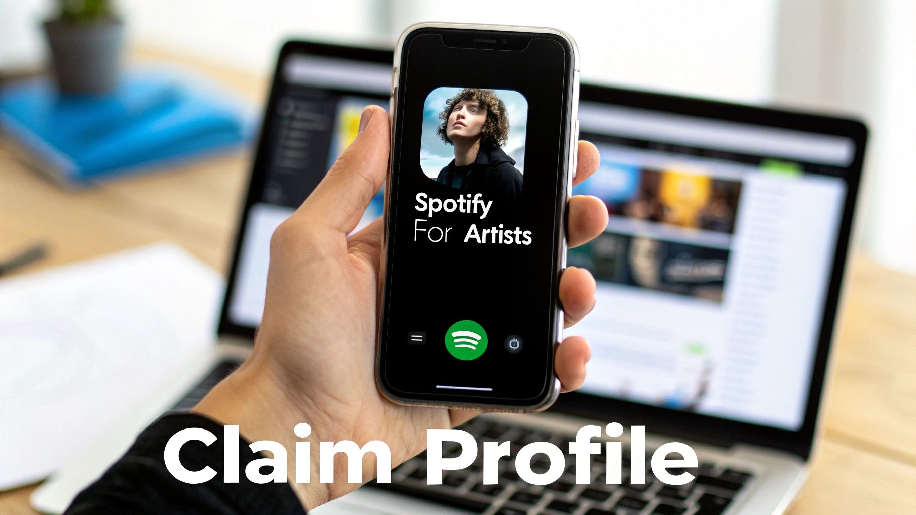 An artist customising their Spotify for Artists profile on a tablet, with a colourful and engaging profile displayed.