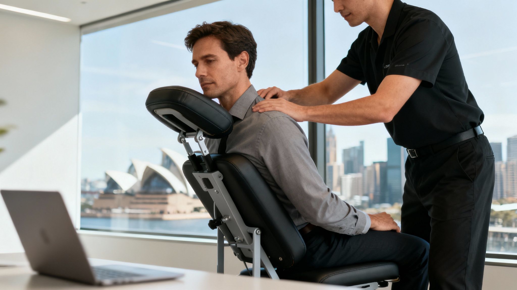 A corporate wellness setup in a Sydney office with a therapist providing a seated massage.
