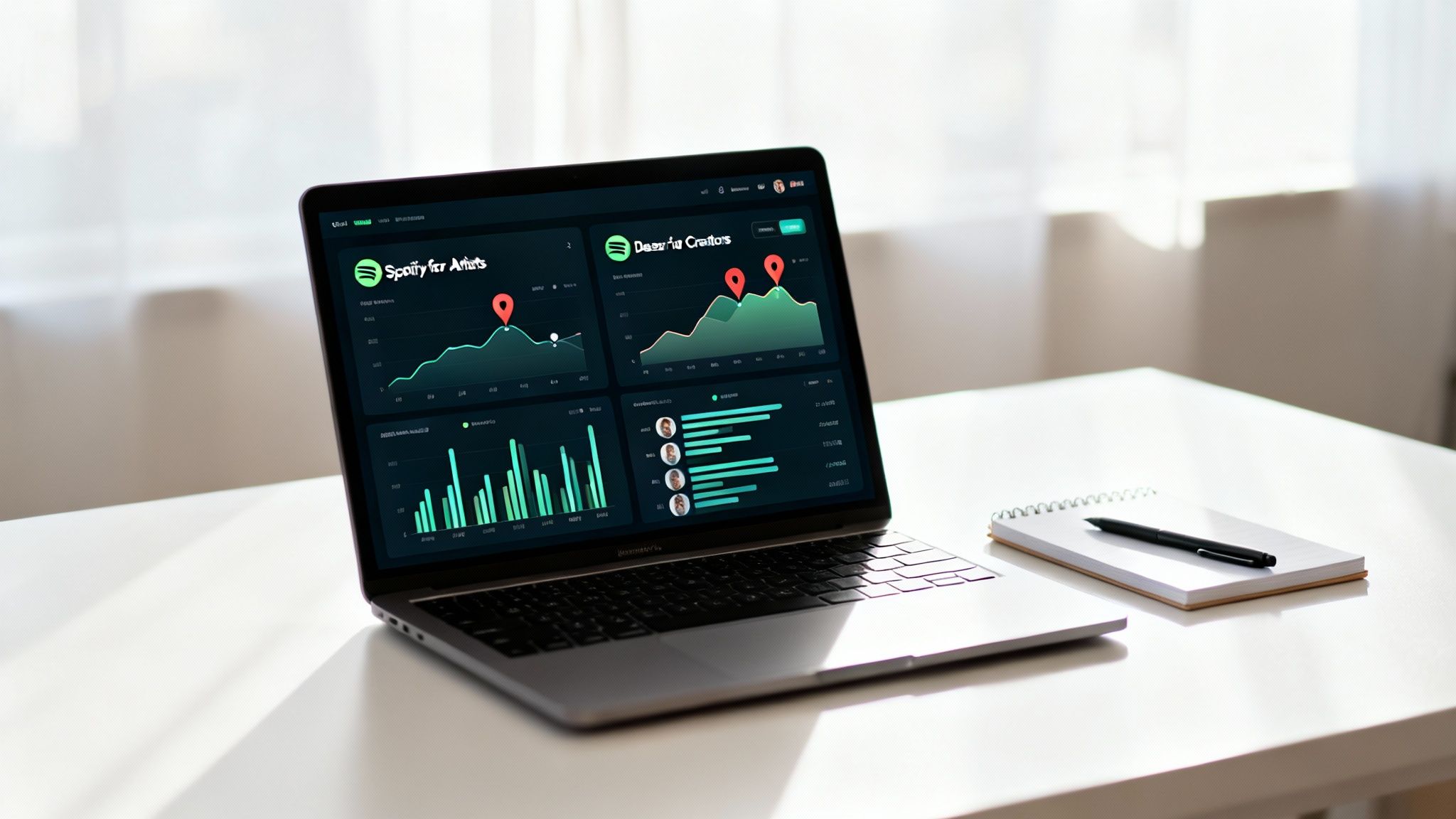 Laptop displaying Spotify for Artists and Deezer for Creators analytics dashboards with performance graphs