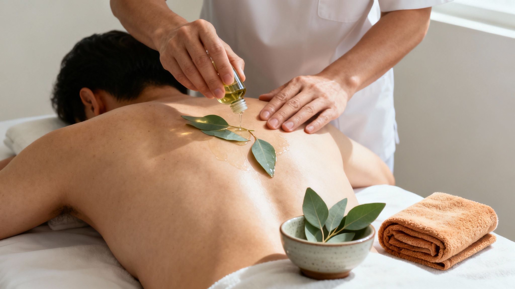 A therapist pours essential oil onto a man's bare back with eucalyptus leaves during a spa massage.