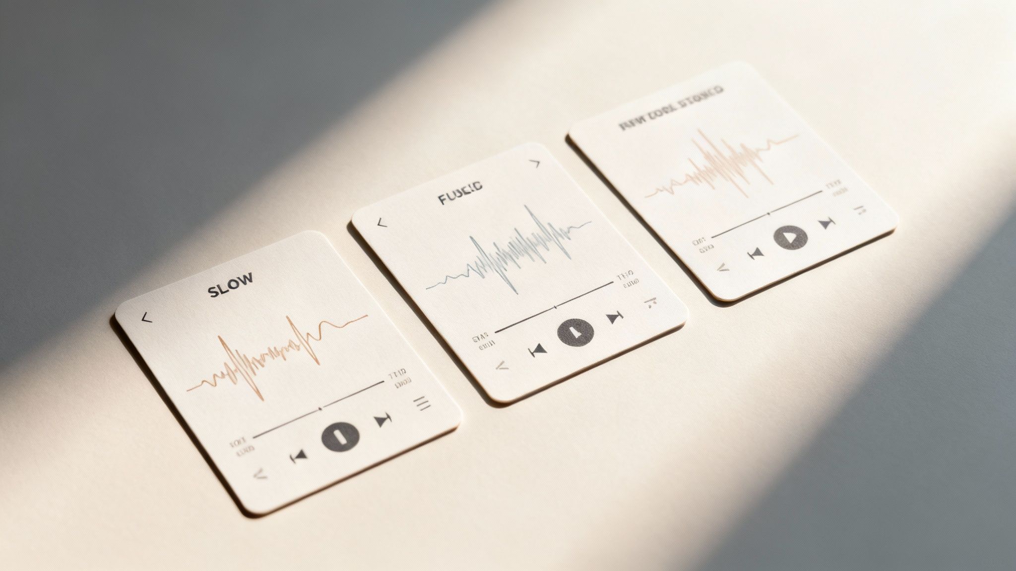 Three minimalist music player cards with sound waves and controls, reflecting sunlight on a light surface.