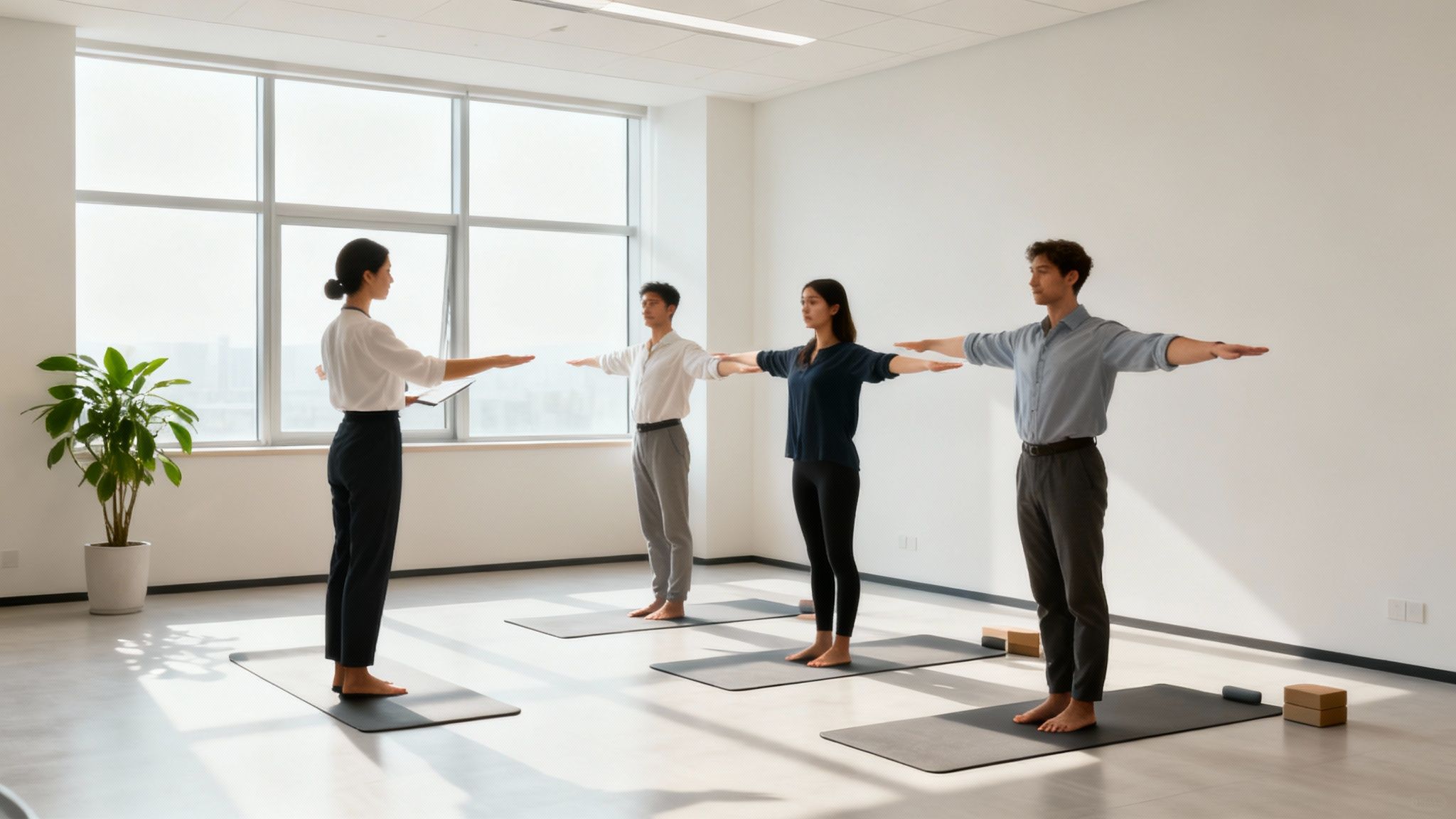 Office workers practicing yoga stretches on mats in bright modern workplace wellness room
