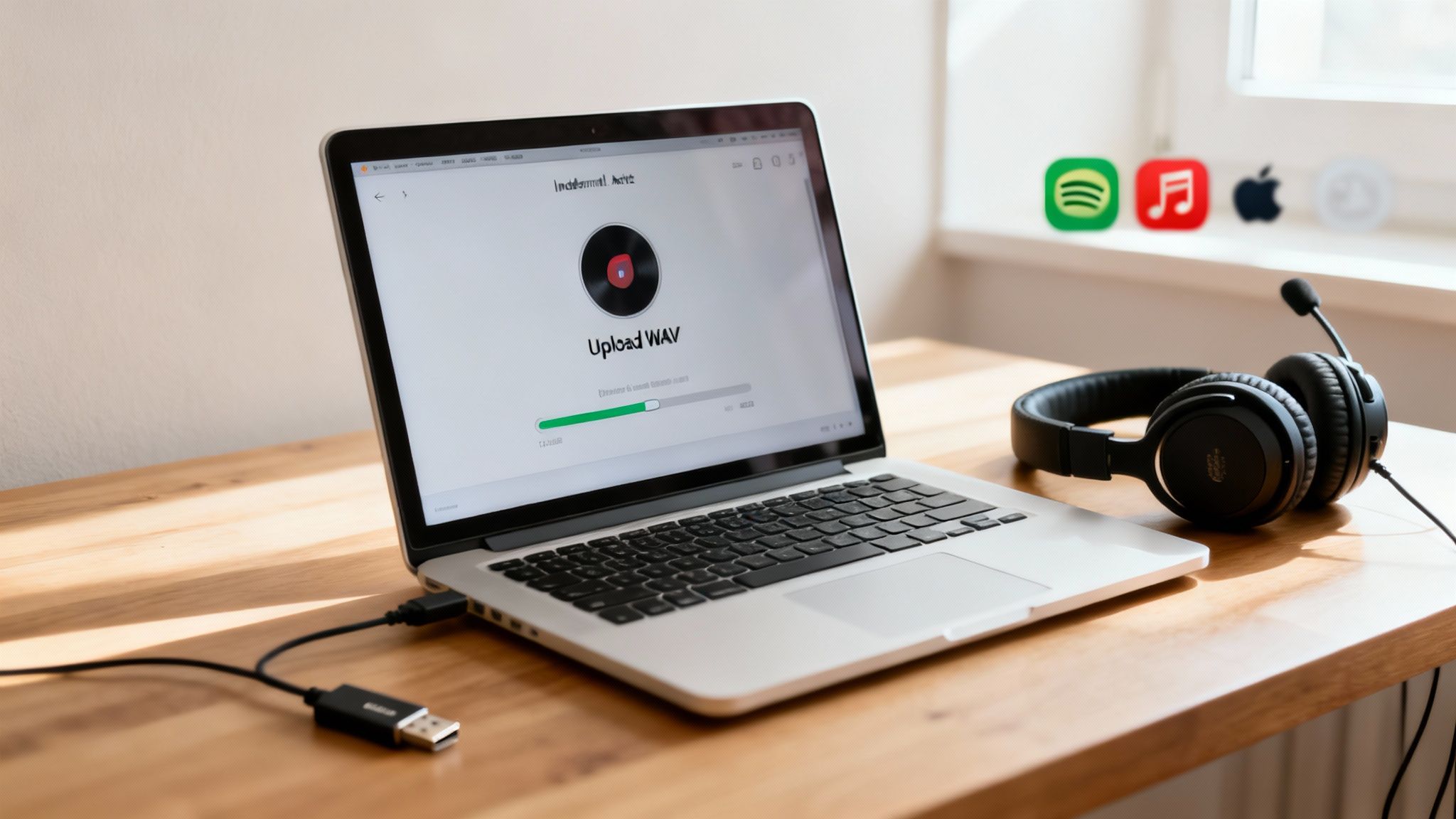 A laptop screen displays 'Upload WAV' next to headphones and music streaming service logos.