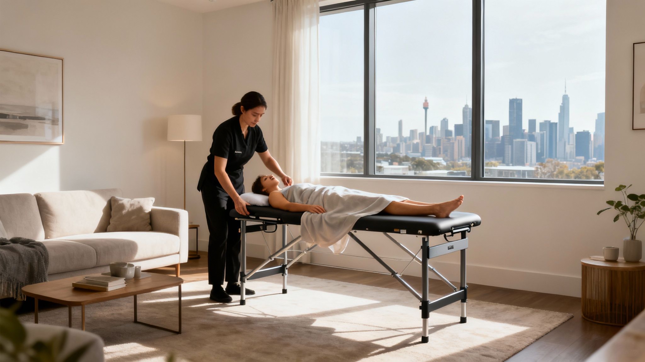 A massage therapist applies gentle pressure to a client's back in a serene setting.