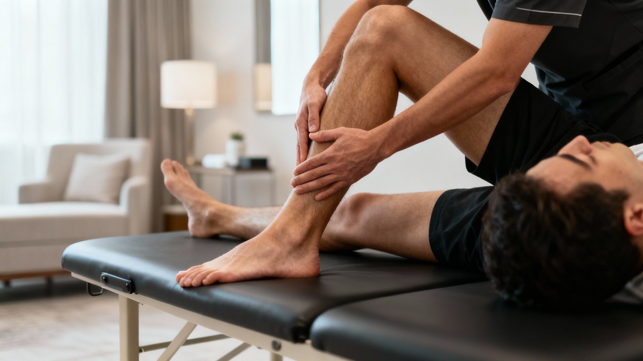 Physical therapist performing sports massage therapy on patient's calf muscle on treatment table