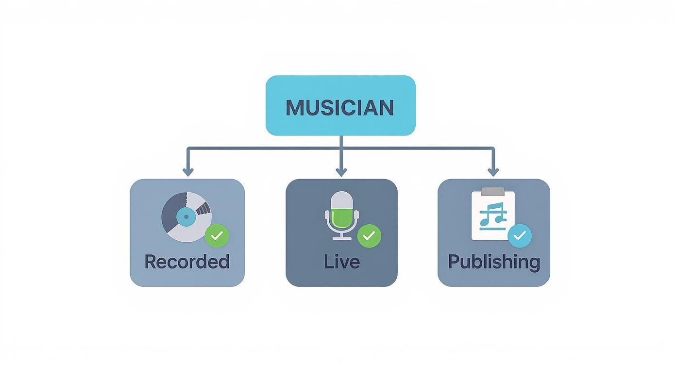 Diagram showing musician income streams through recorded music, live performances, and publishing rights