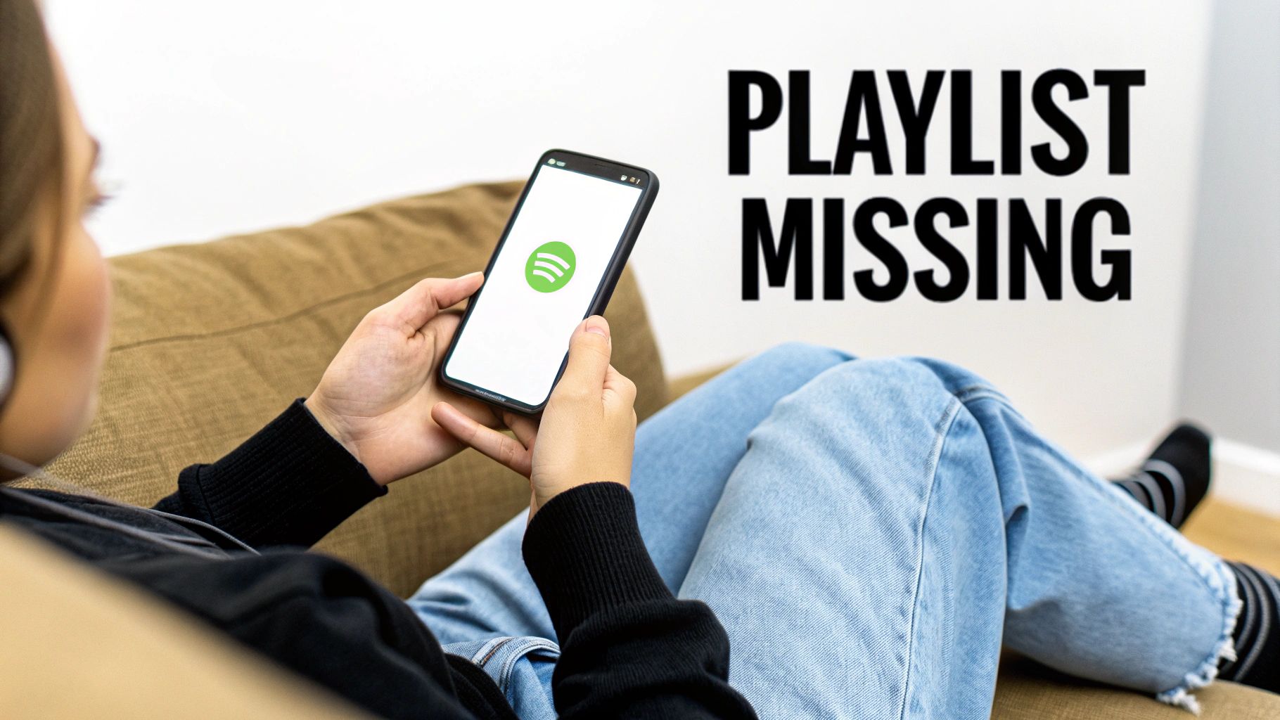 A person looking distressed while looking at their phone, representing the moment a Spotify playlist is discovered to be missing.