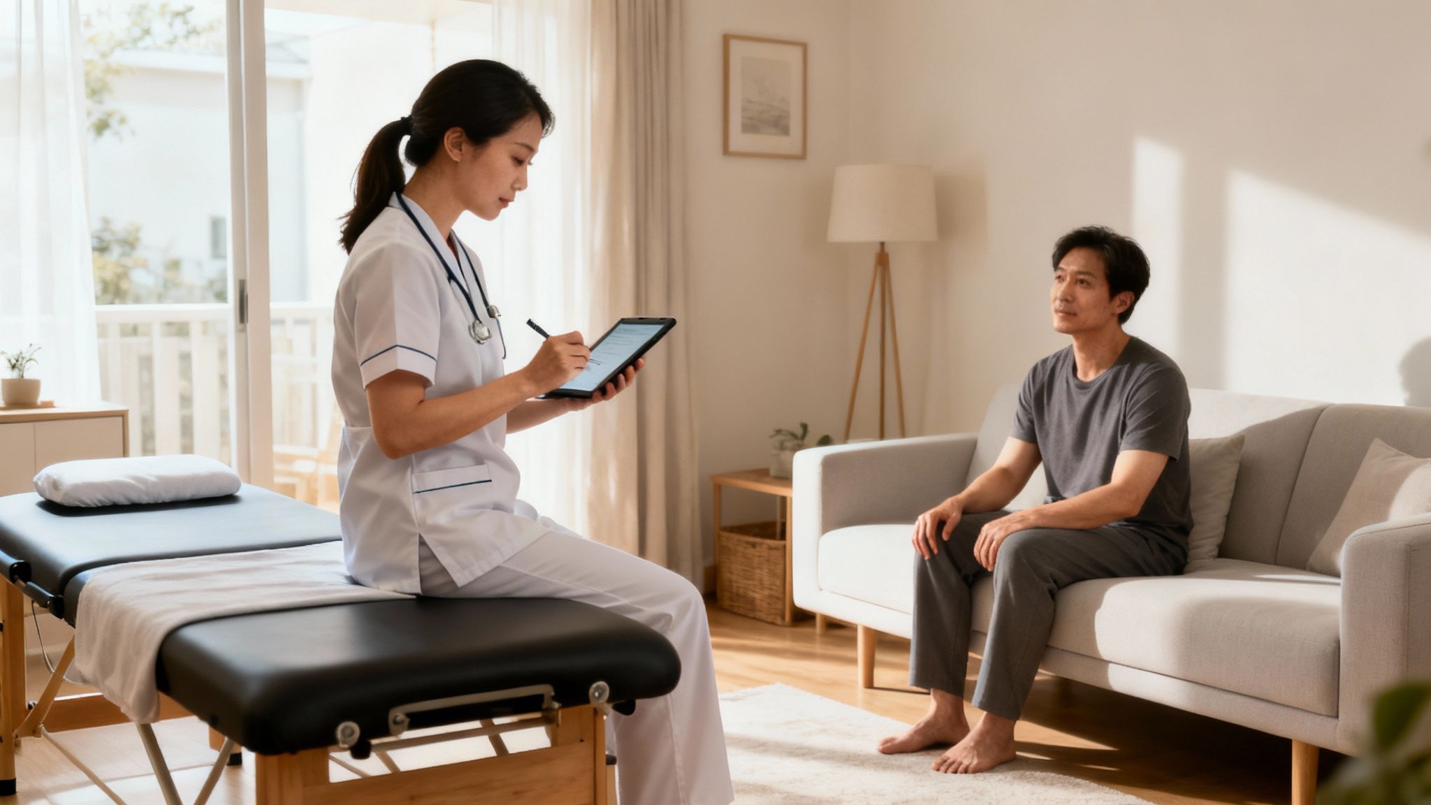 A healthcare professional consults with a male patient, taking notes on a tablet during a visit.