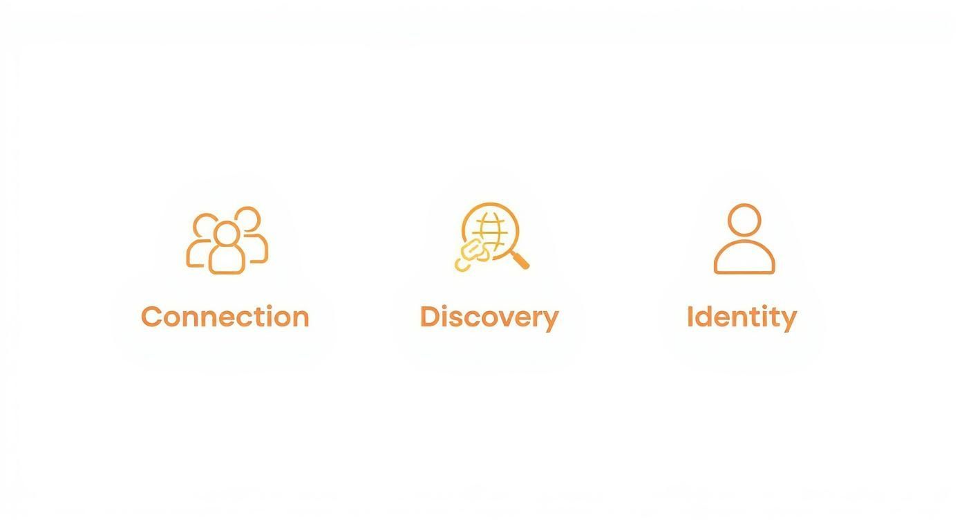 Orange icons illustrating Connection (people), Discovery (globe/search), and Identity (person) on a white background.