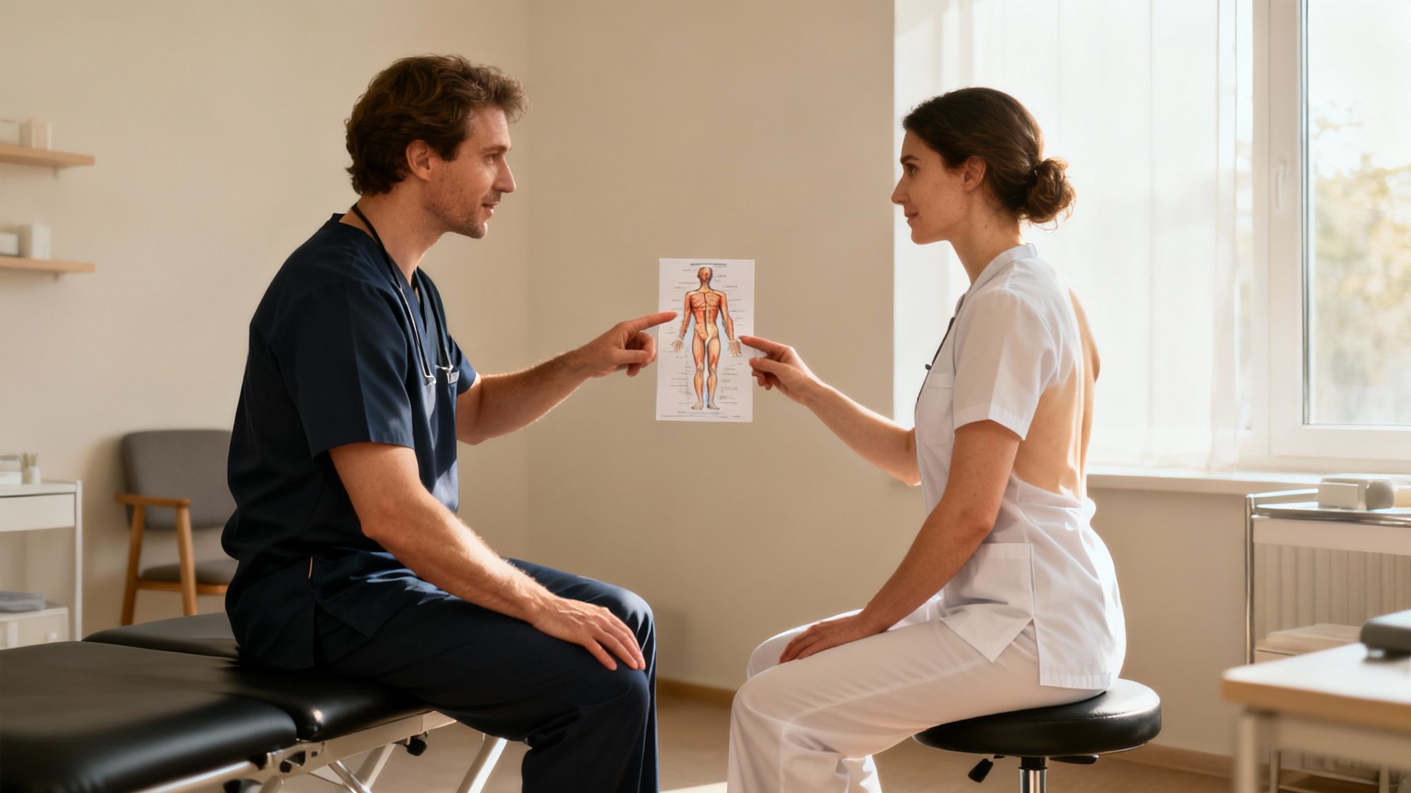 Two medical professionals, a man and a woman, discussing a human anatomy chart in a modern clinic.