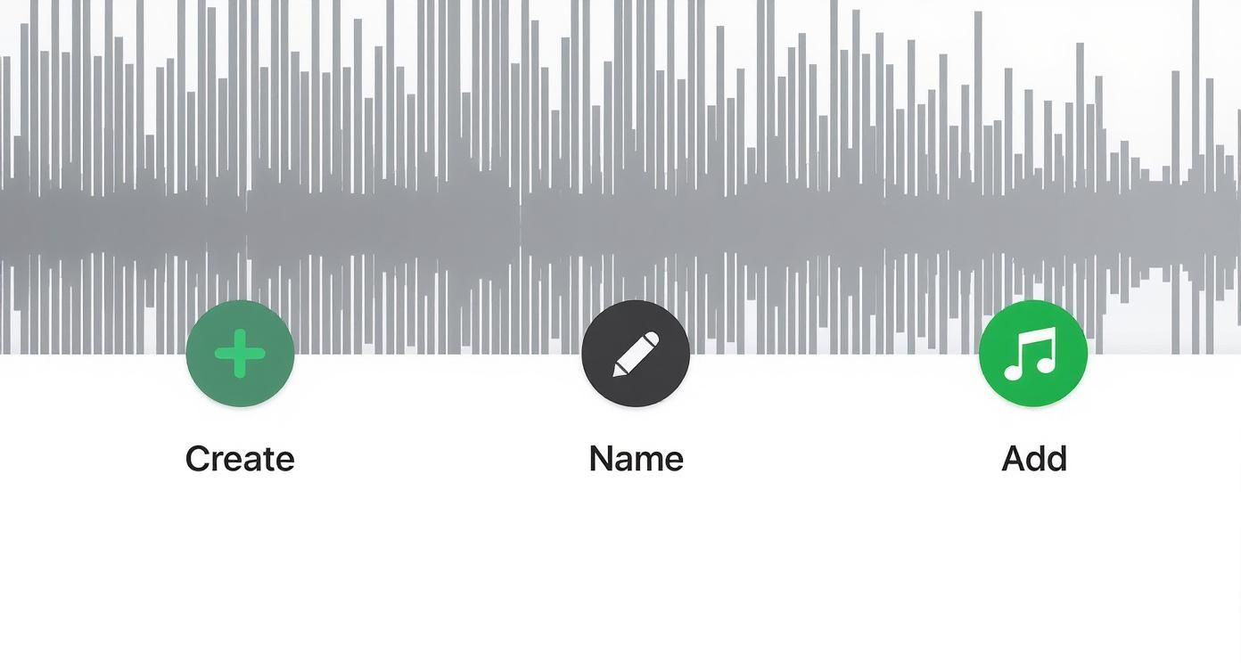 Three circular buttons with icons and labels: Create (plus sign), Name (pencil), Add (musical note).