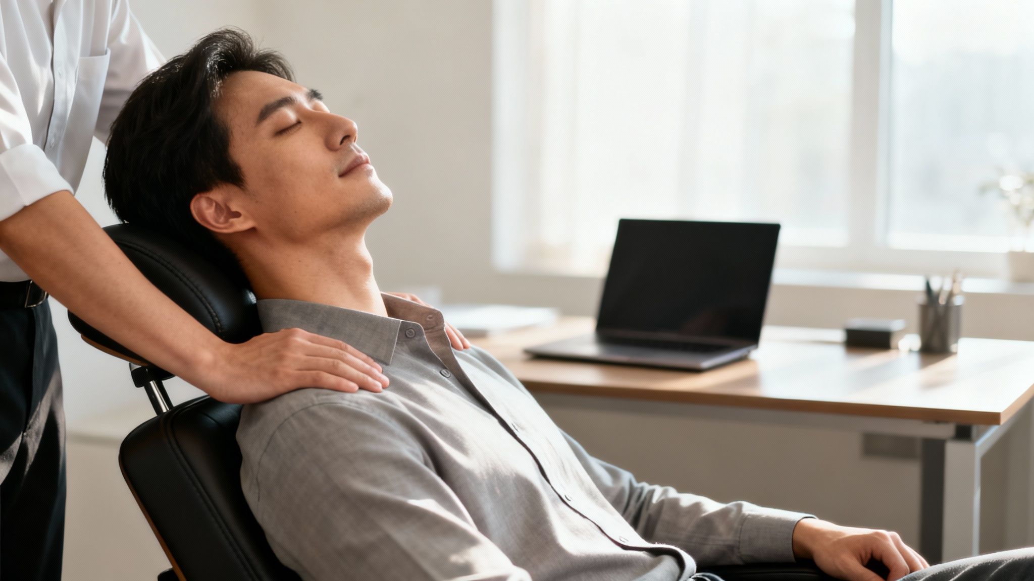 A man relaxes in an office chair, receiving a soothing shoulder massage from another person.