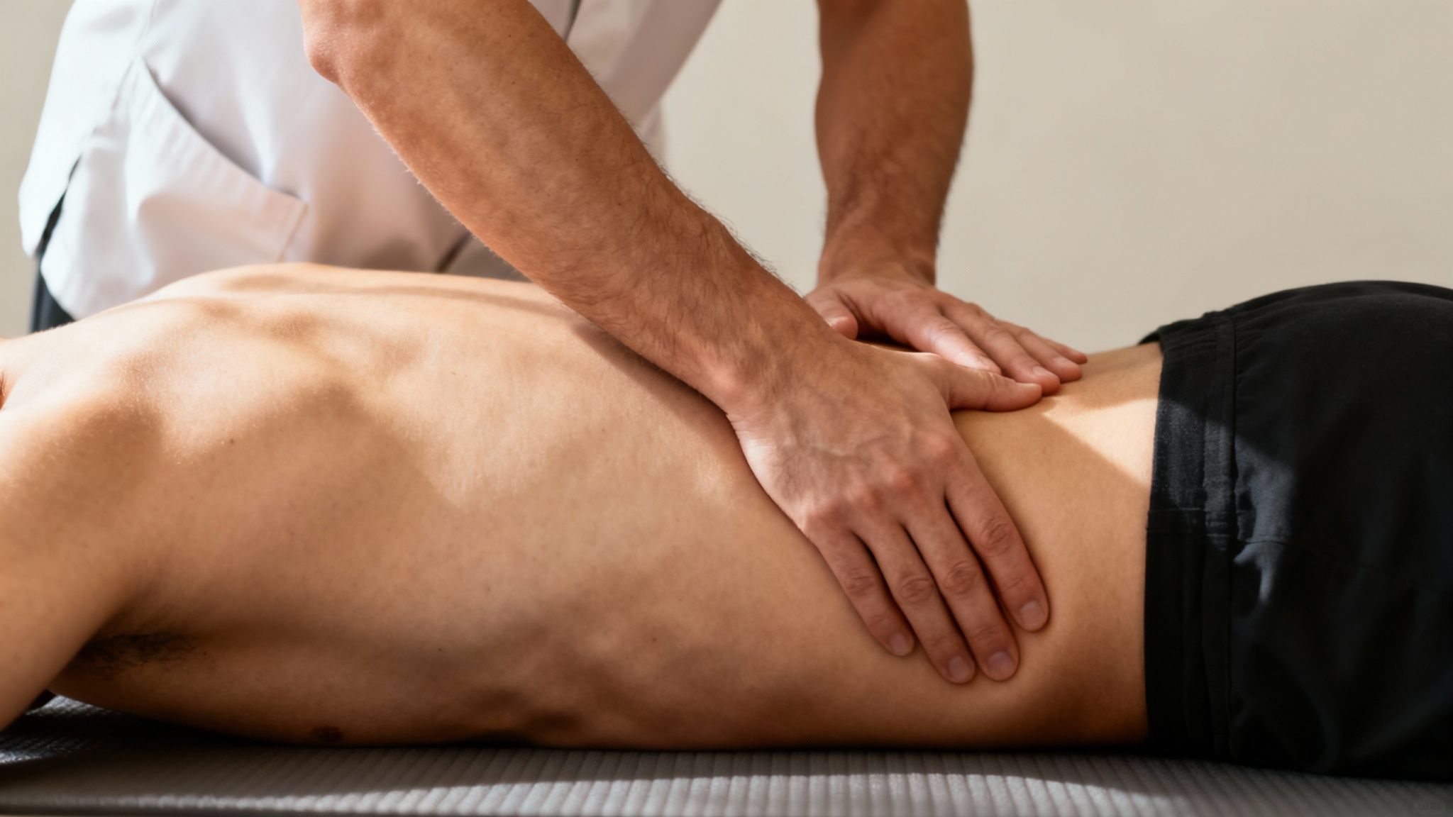 A person receiving a professional back massage for pain relief on a mat.