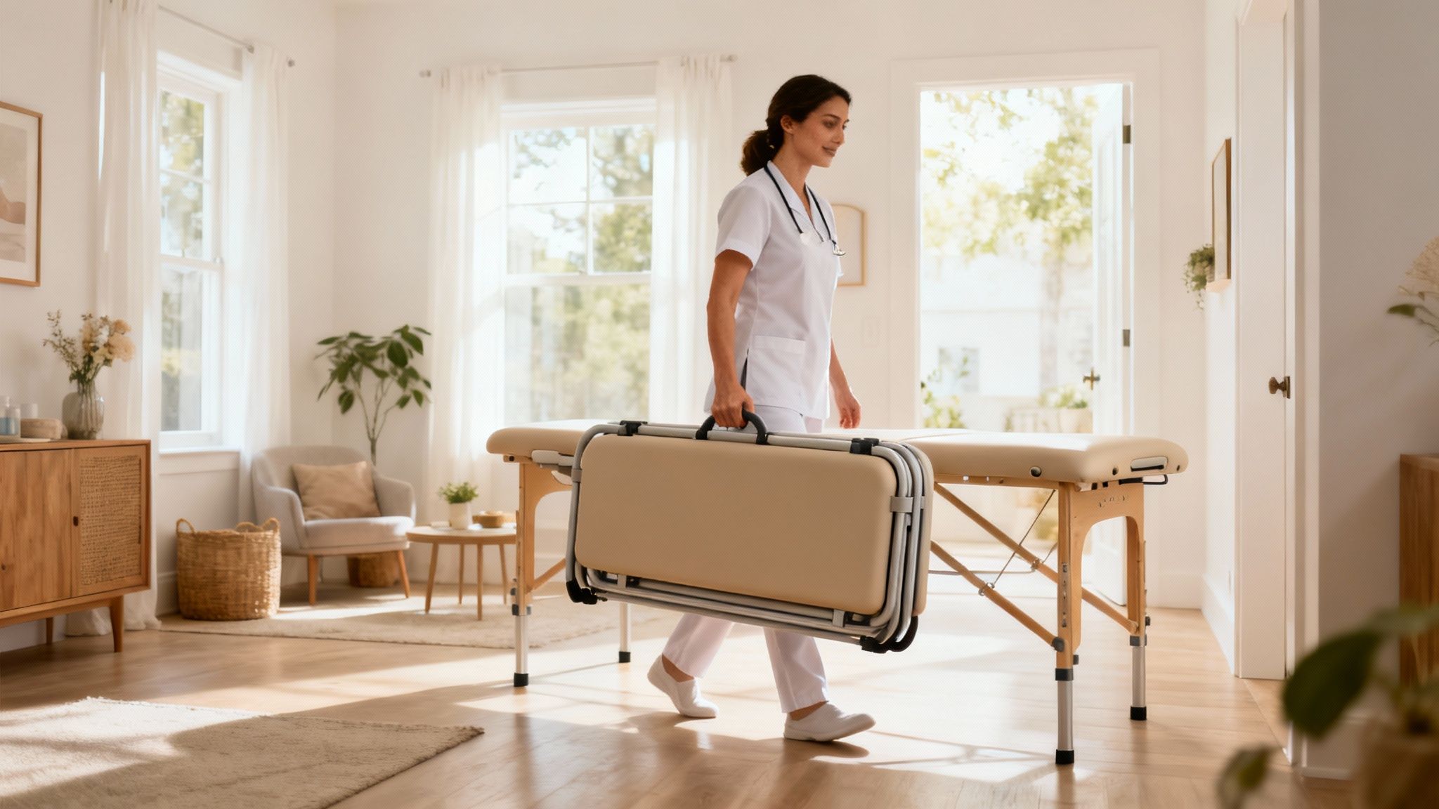 A professional therapist carries a folded portable massage table into a bright room with another table.