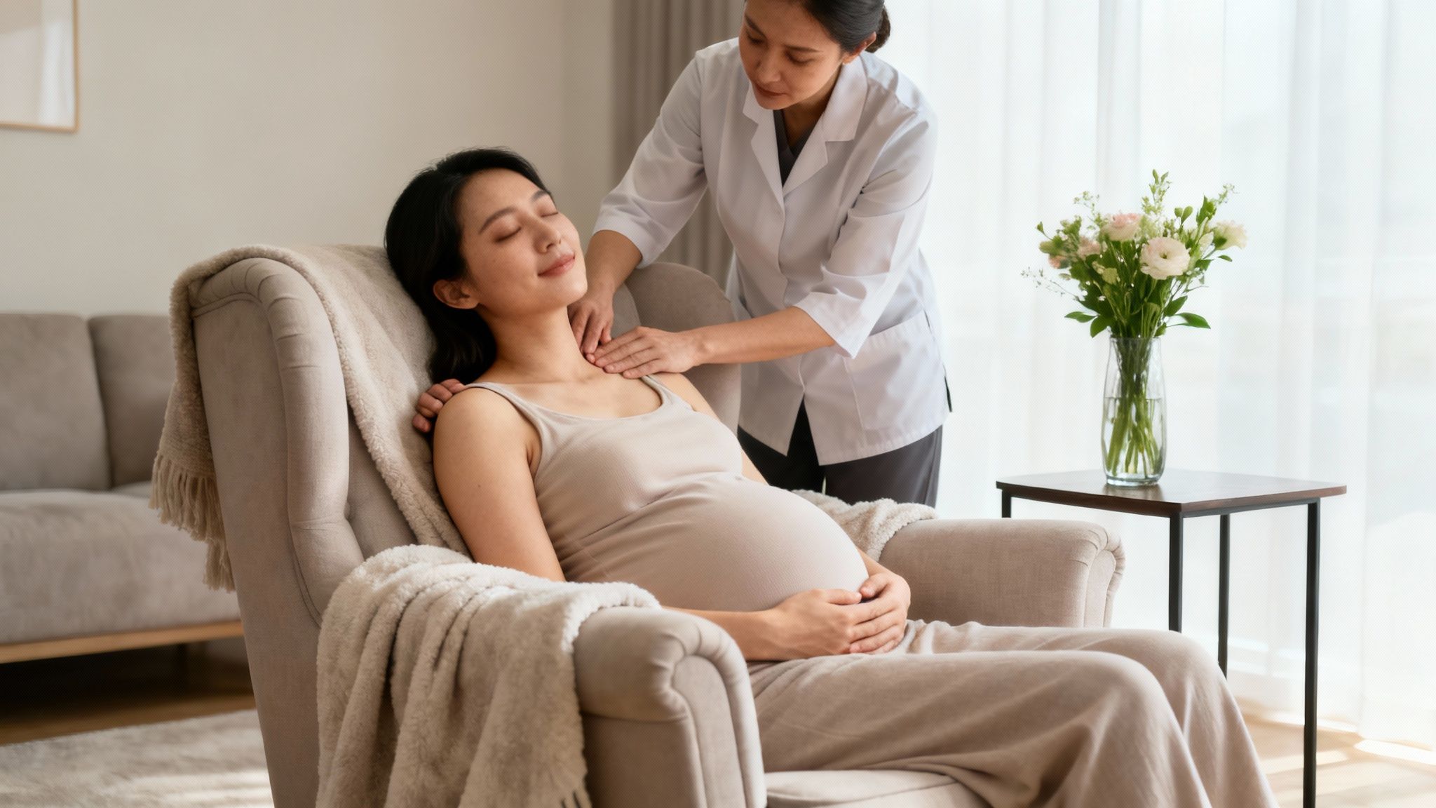 A pregnant Asian woman enjoys a relaxing neck and shoulder massage from a therapist.