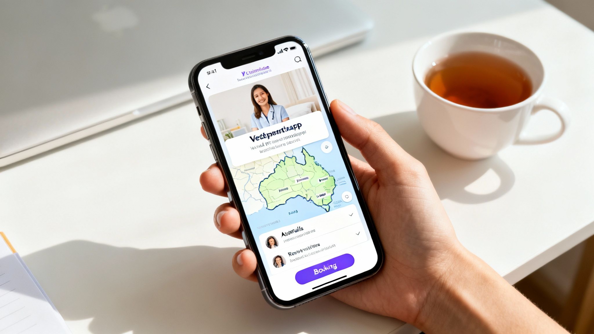 A hand holds a smartphone displaying a healthcare booking app with a map of Australia and a booking button.