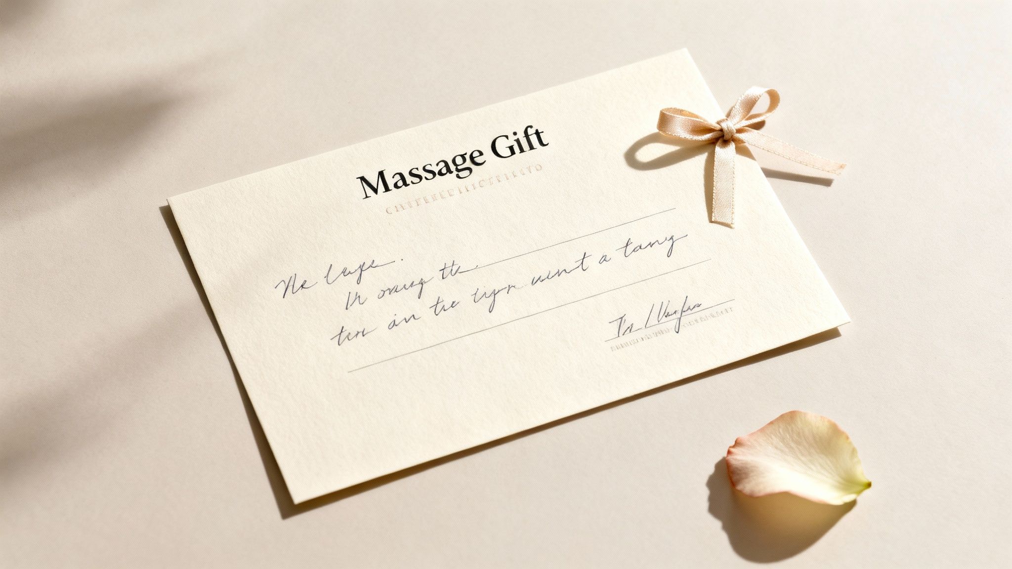 A light-colored 'Massage Gift' certificate with a golden ribbon and a delicate rose petal.