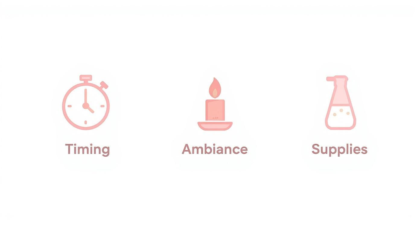 Three pink icons: a stopwatch for timing, a lit candle for ambiance, and a beaker for supplies.