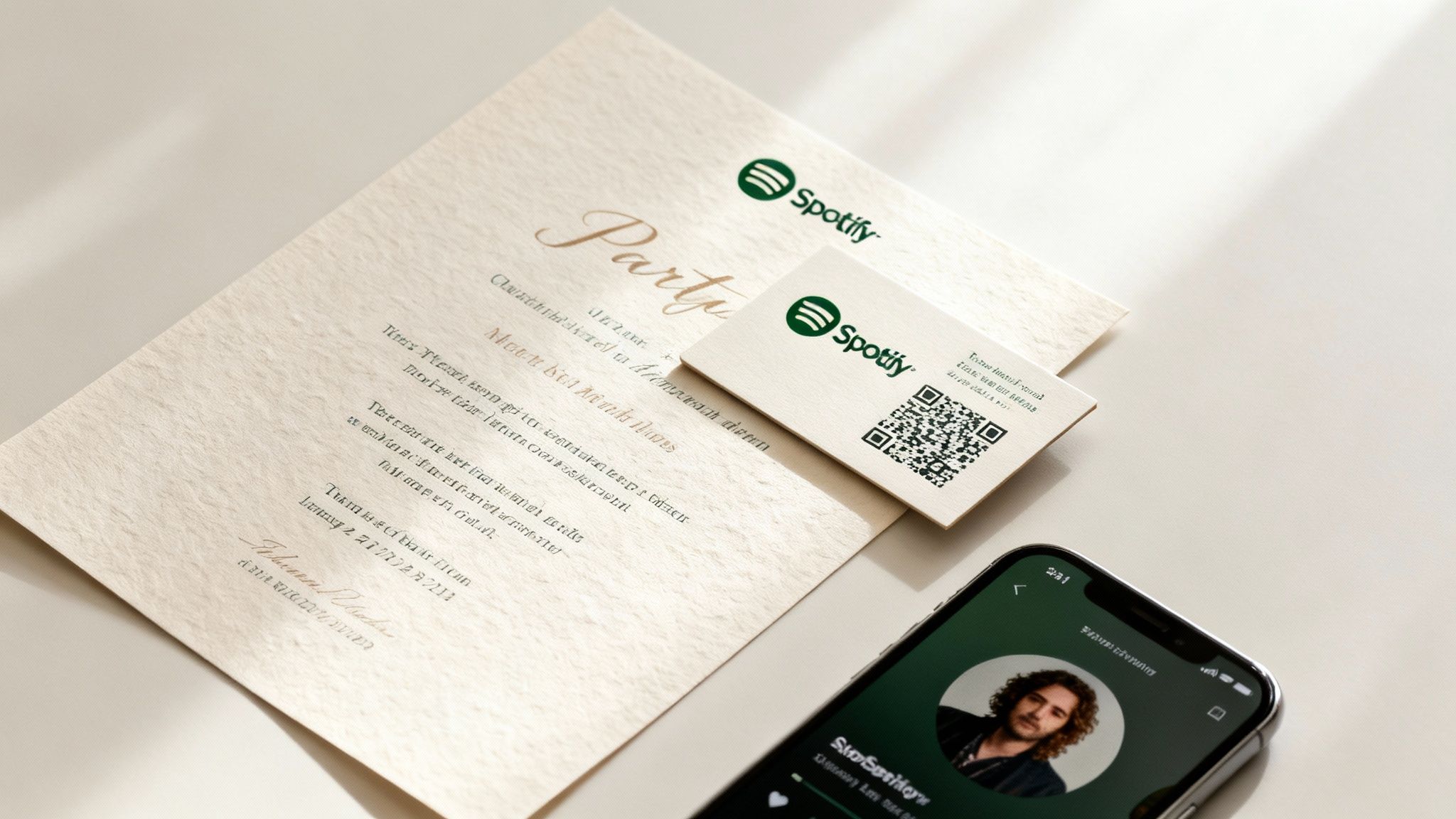 Spotify-themed invitation and business card with a smartphone displaying a music profile on a table.