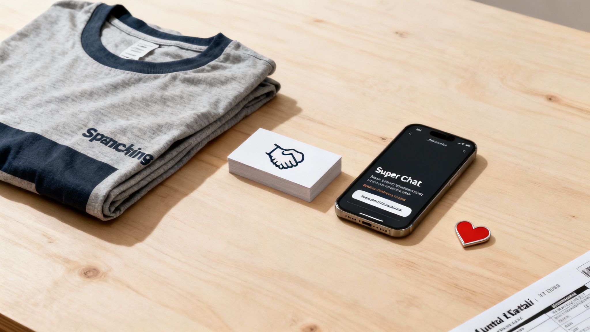A folded grey t-shirt, business cards with a handshake logo, a smartphone showing Super Chat, and a red heart pin on a wooden table.