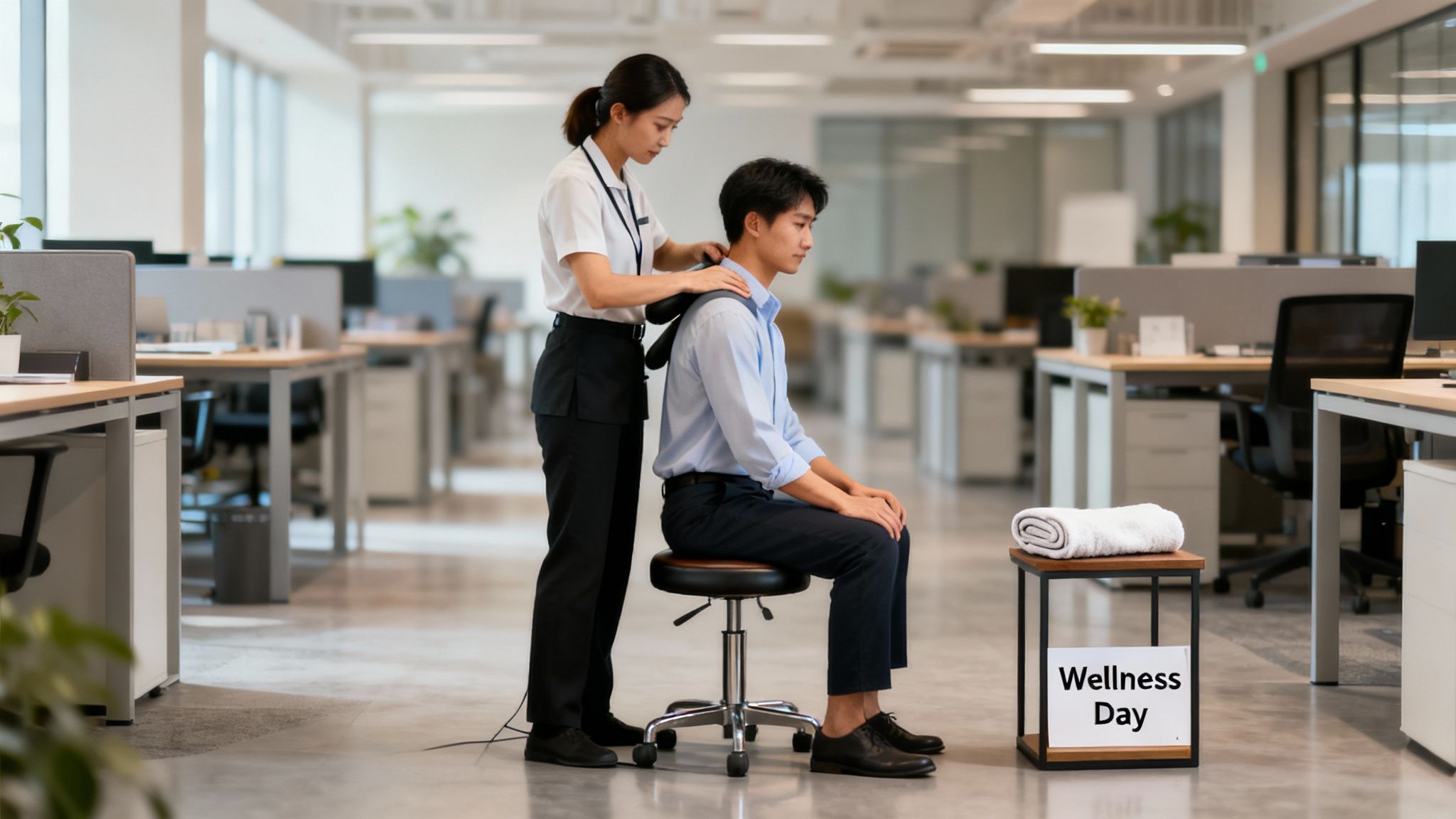 A woman gives a man a shoulder massage with a device in a modern office for a "Wellness Day" event.