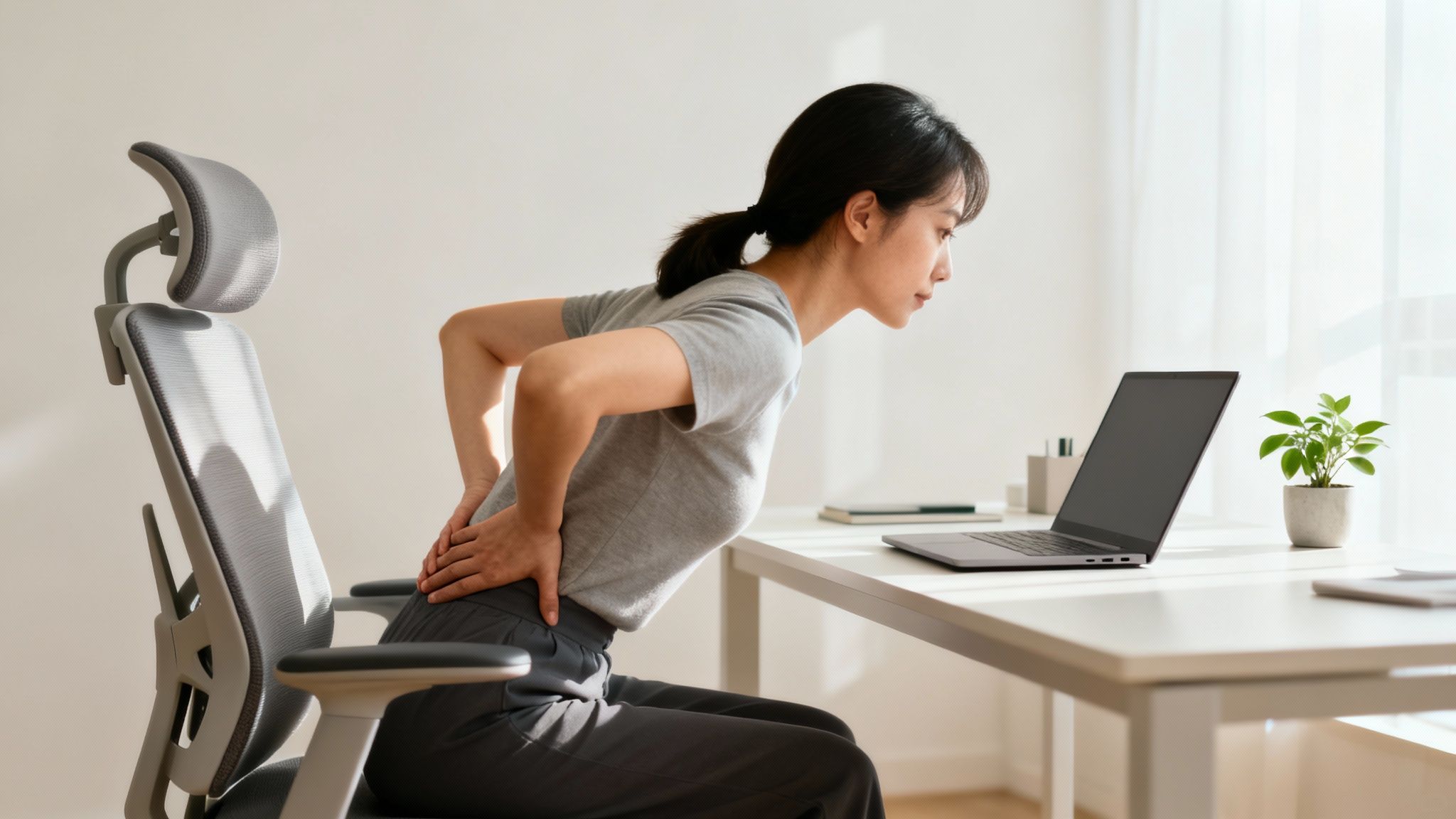 A woman experiencing lower back pain while sitting at a desk and working on her laptop.