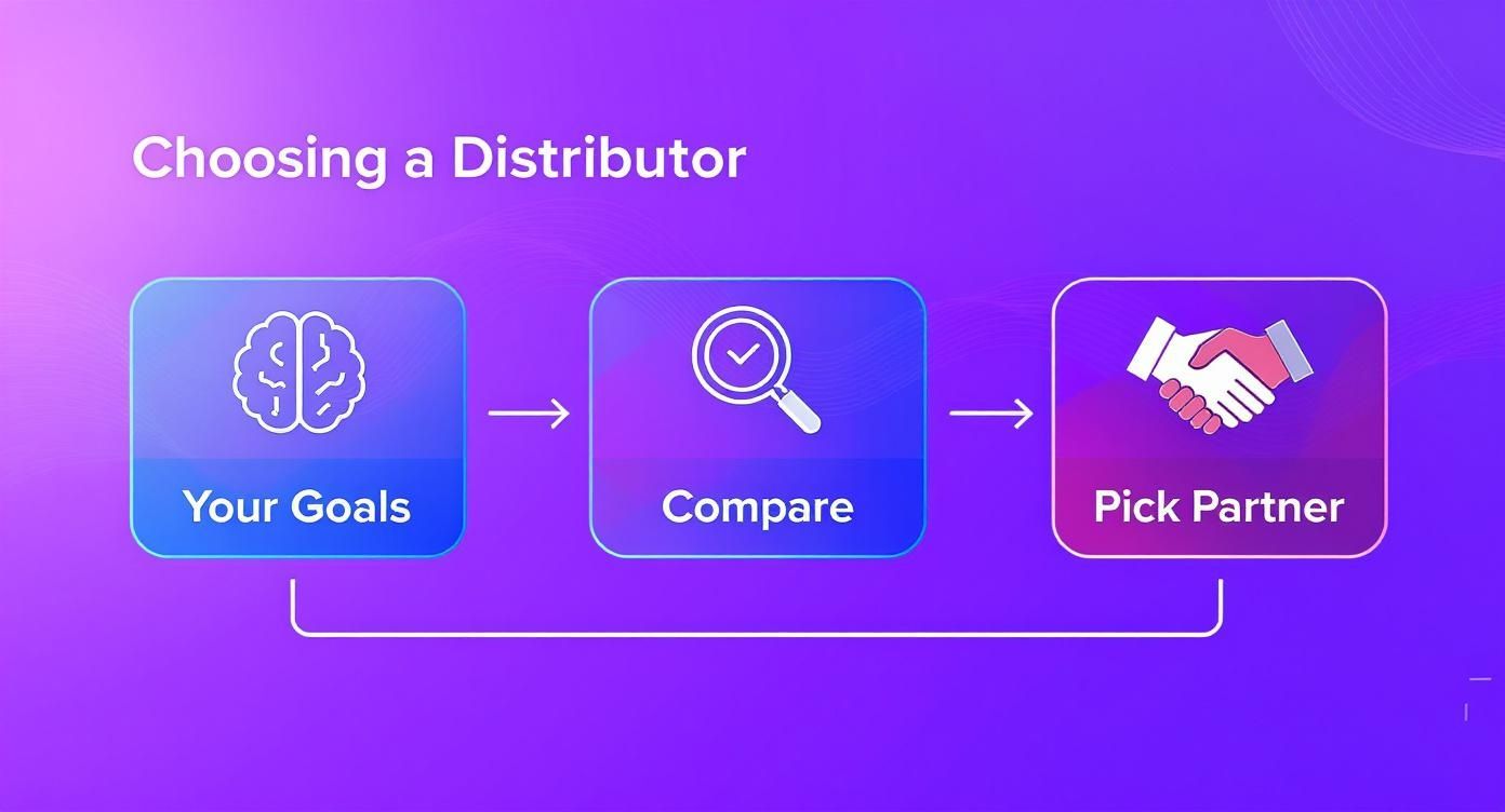 A three-step diagram titled "Choosing a Distributor" outlines the process: Your Goals, Compare, Pick Partner.