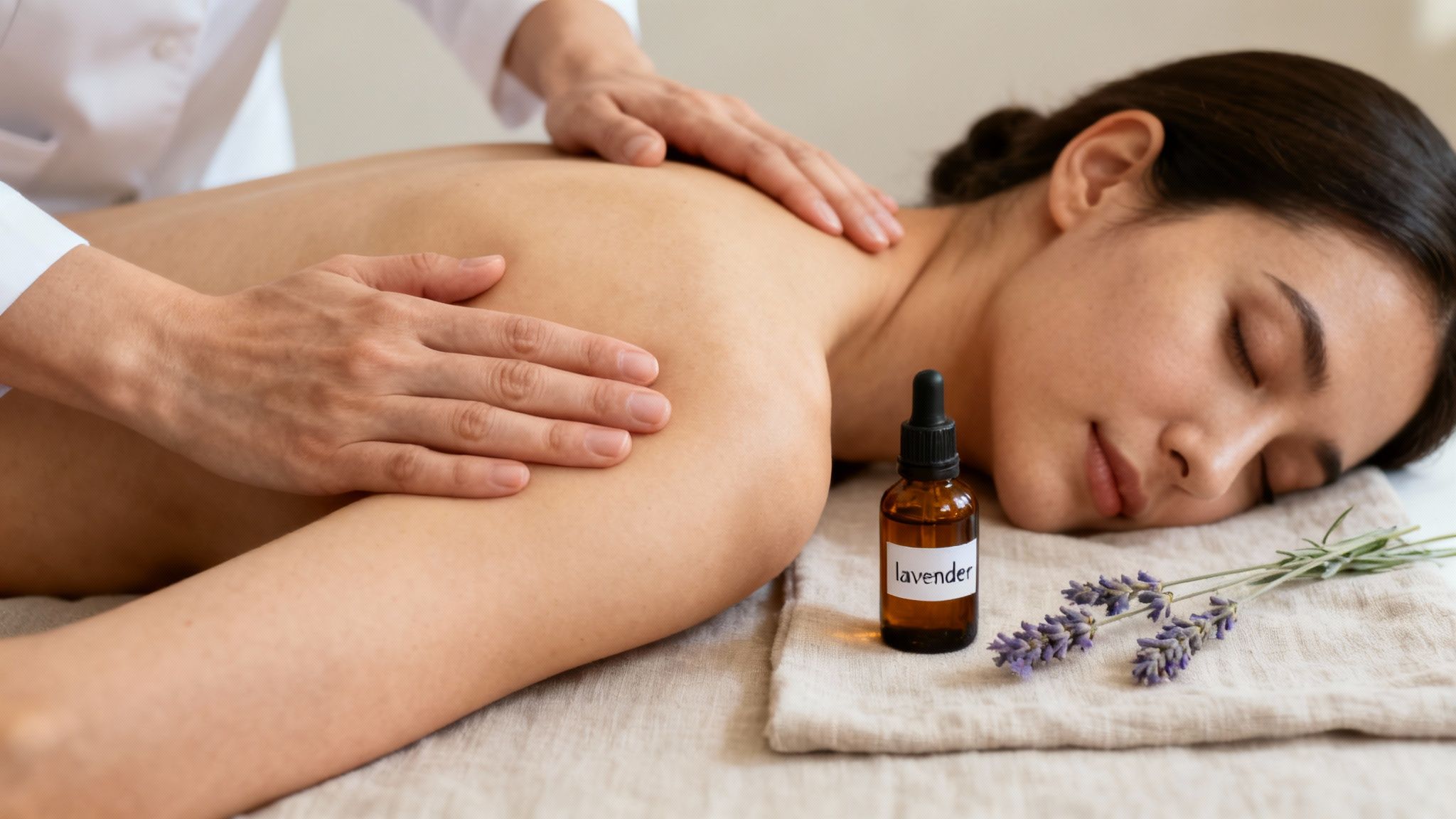 A woman enjoys a soothing back massage with lavender oil in a spa setting.
