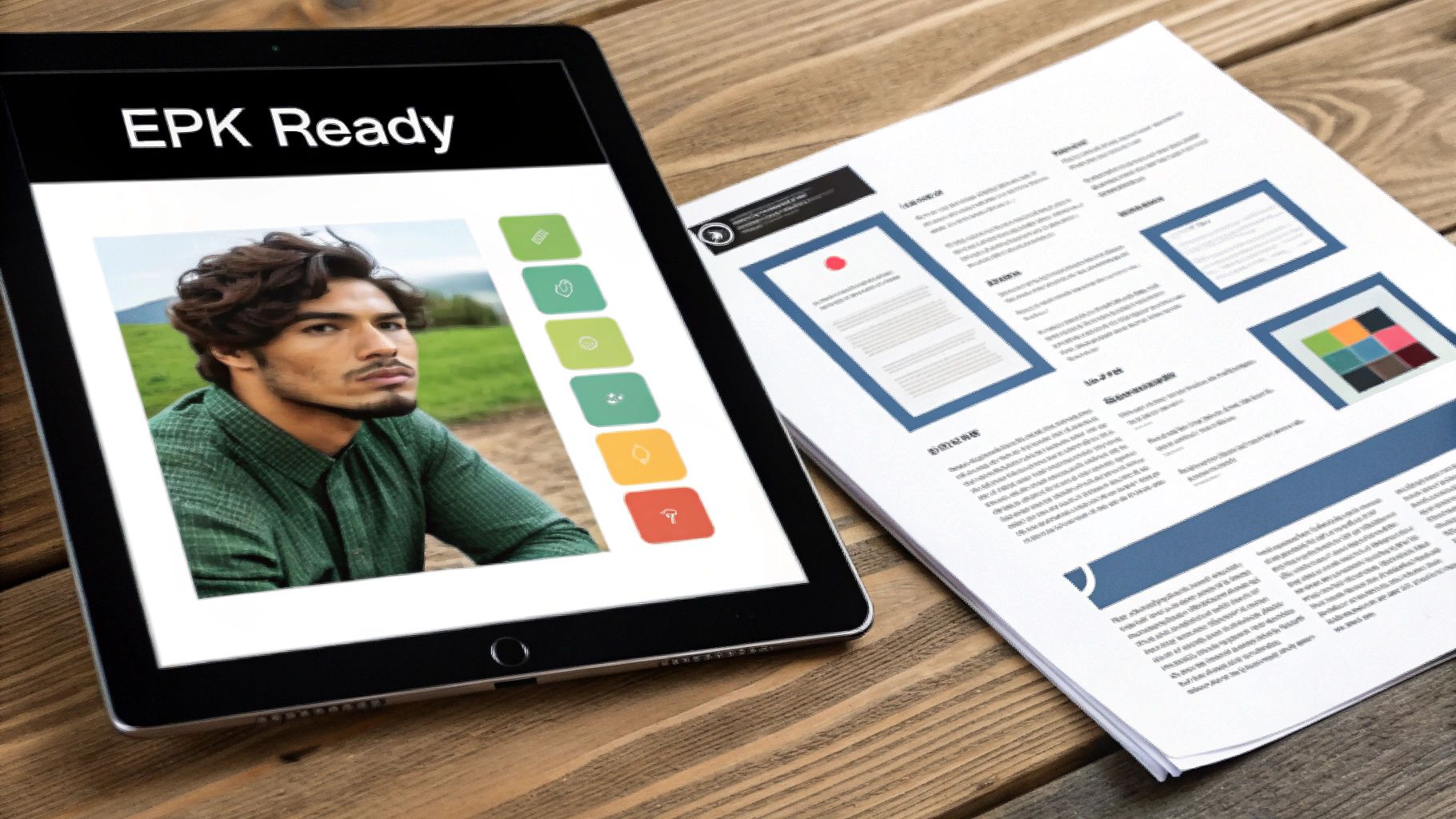 An artist's electronic press kit displayed on a tablet, showing photos, music links, and stats.