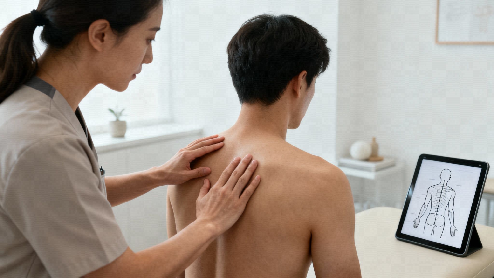 Physical therapist performing remedial massage therapy on patient's upper back and shoulder area