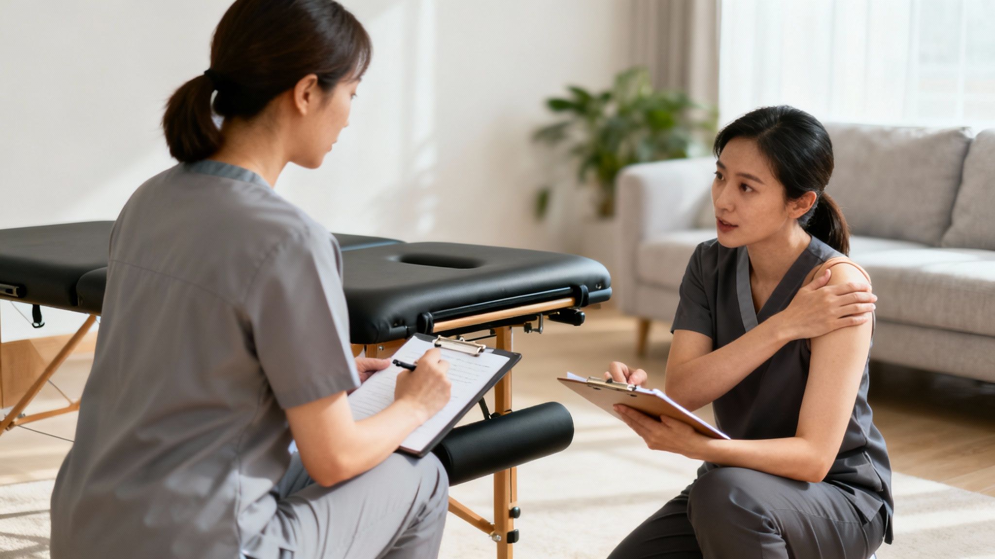 Massage therapist consulting with patient about shoulder pain during remedial therapy assessment session