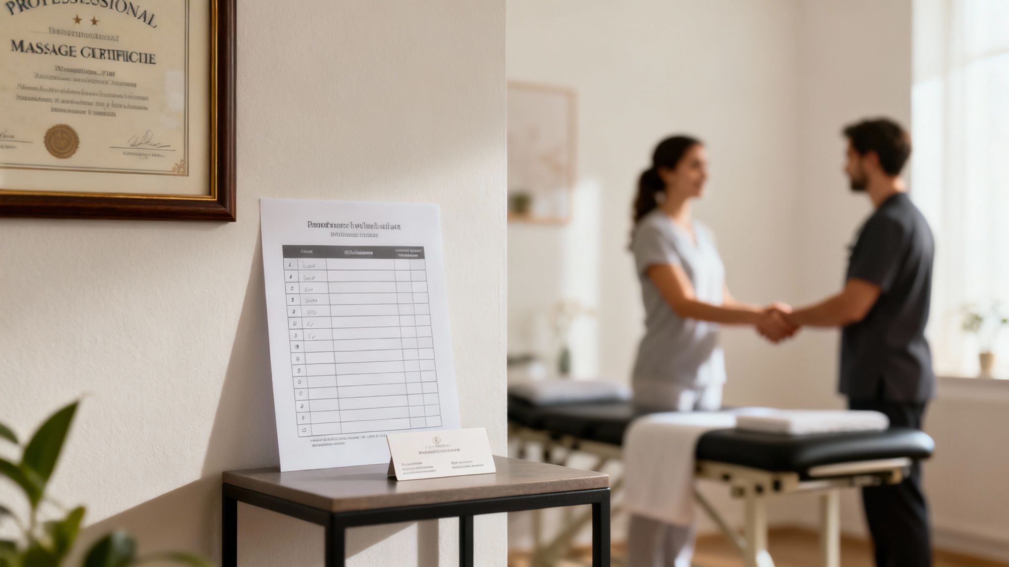 A person lies relaxed on a massage table while a therapist works on their shoulders.