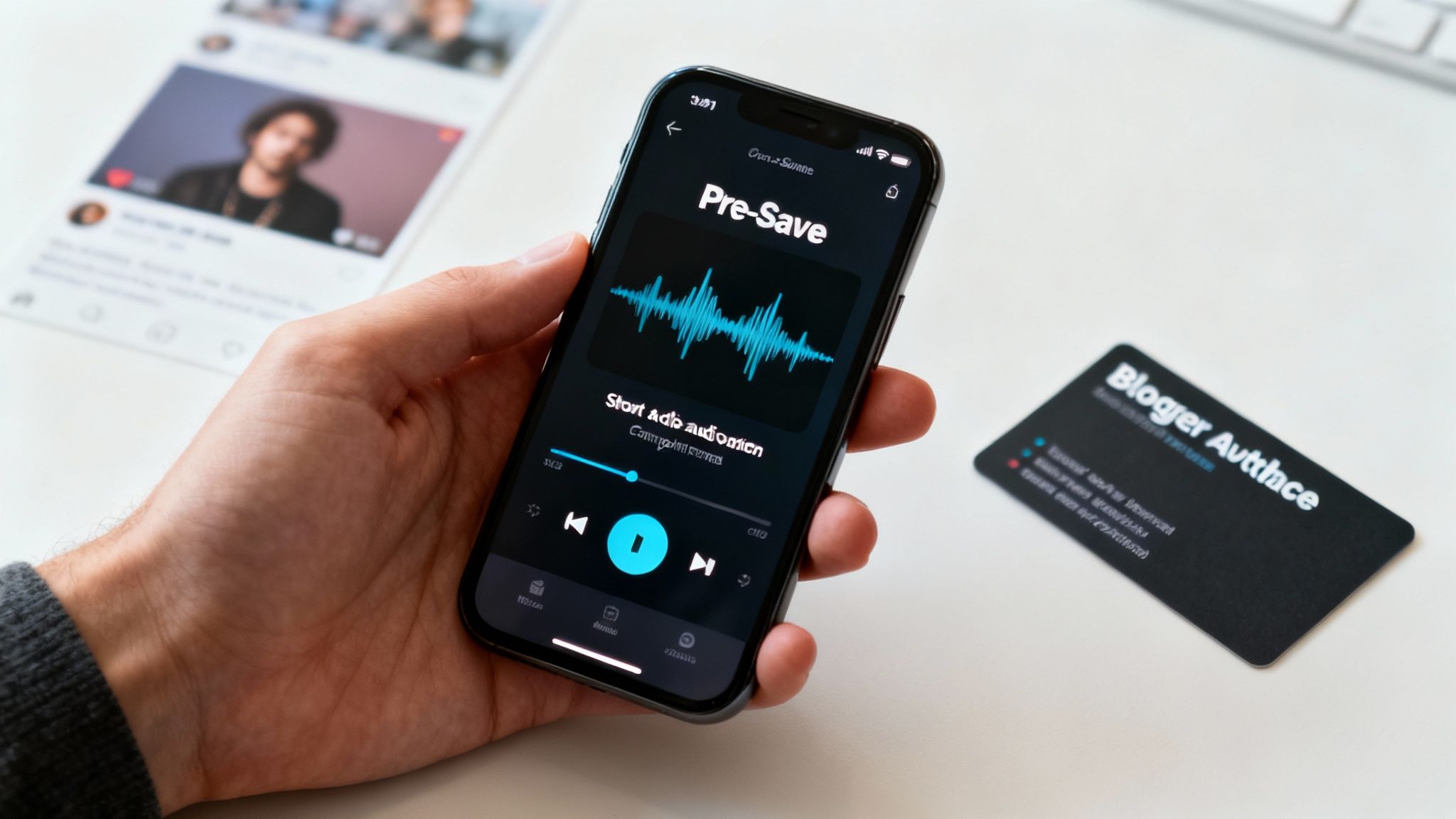 Hand holding smartphone displaying audio waveform on music pre-save app screen with playback controls